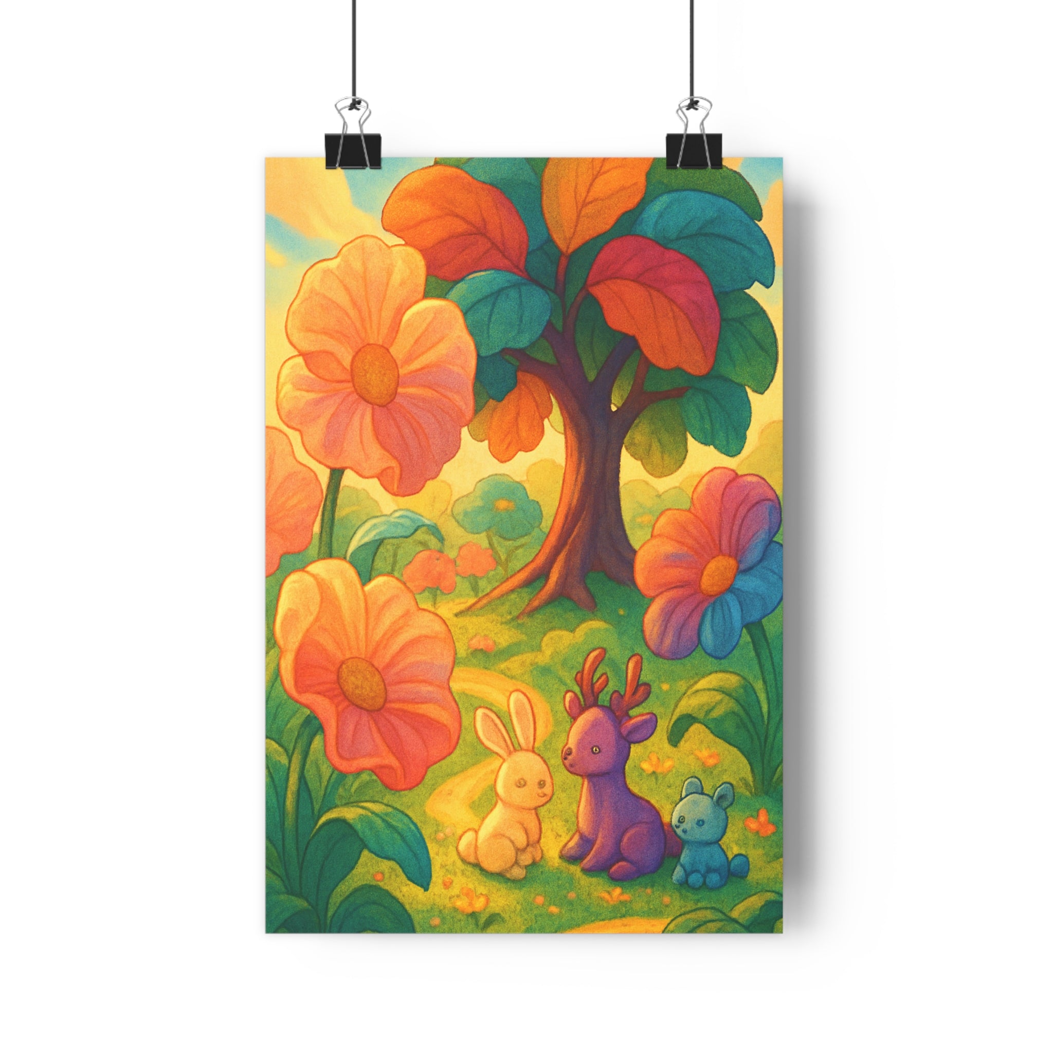 Poster décoratif pastel animé joyeux chambre enfant jardin enchanté rêve fleurs ourson lapin faon