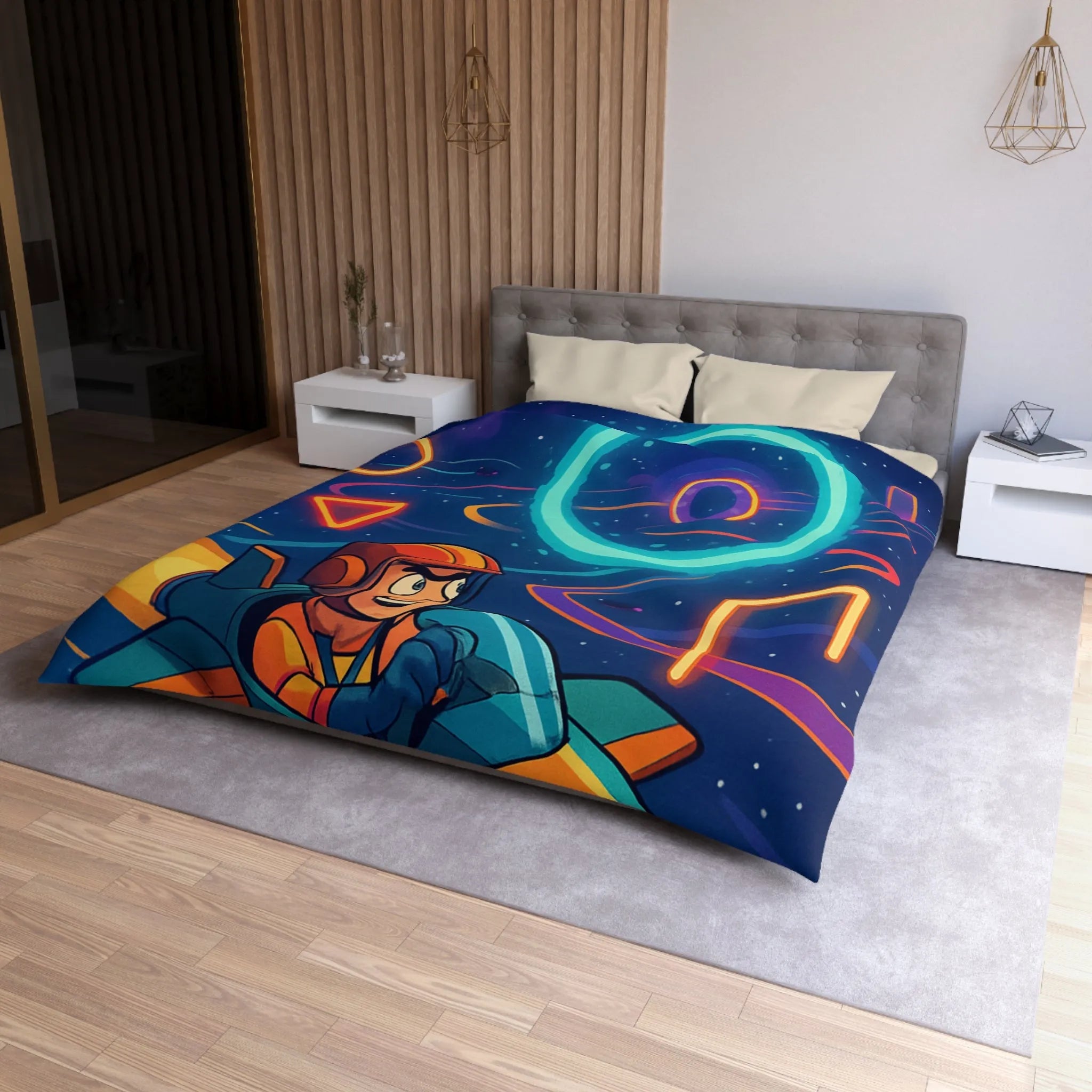 Housse de Couette Enfantine avec Motifs Spatiaux et Dessins de Vaisseau Spatial