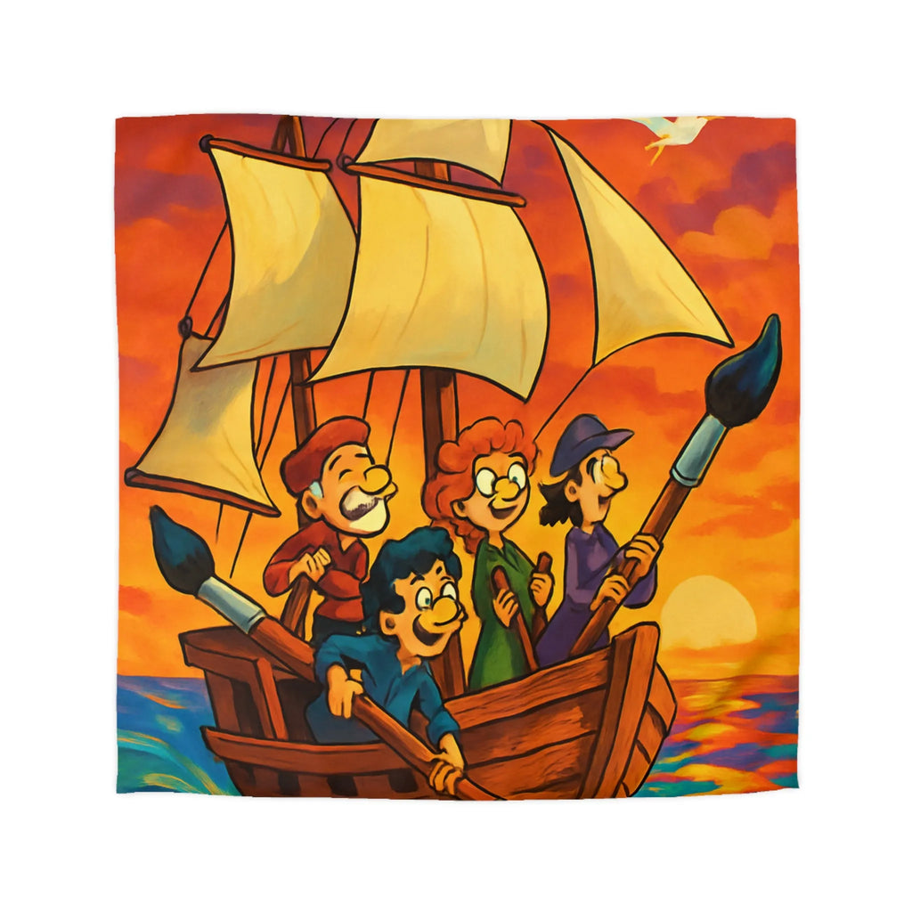 Housse de couette illustrée avec bateau et ciel coloré au coucher du soleil