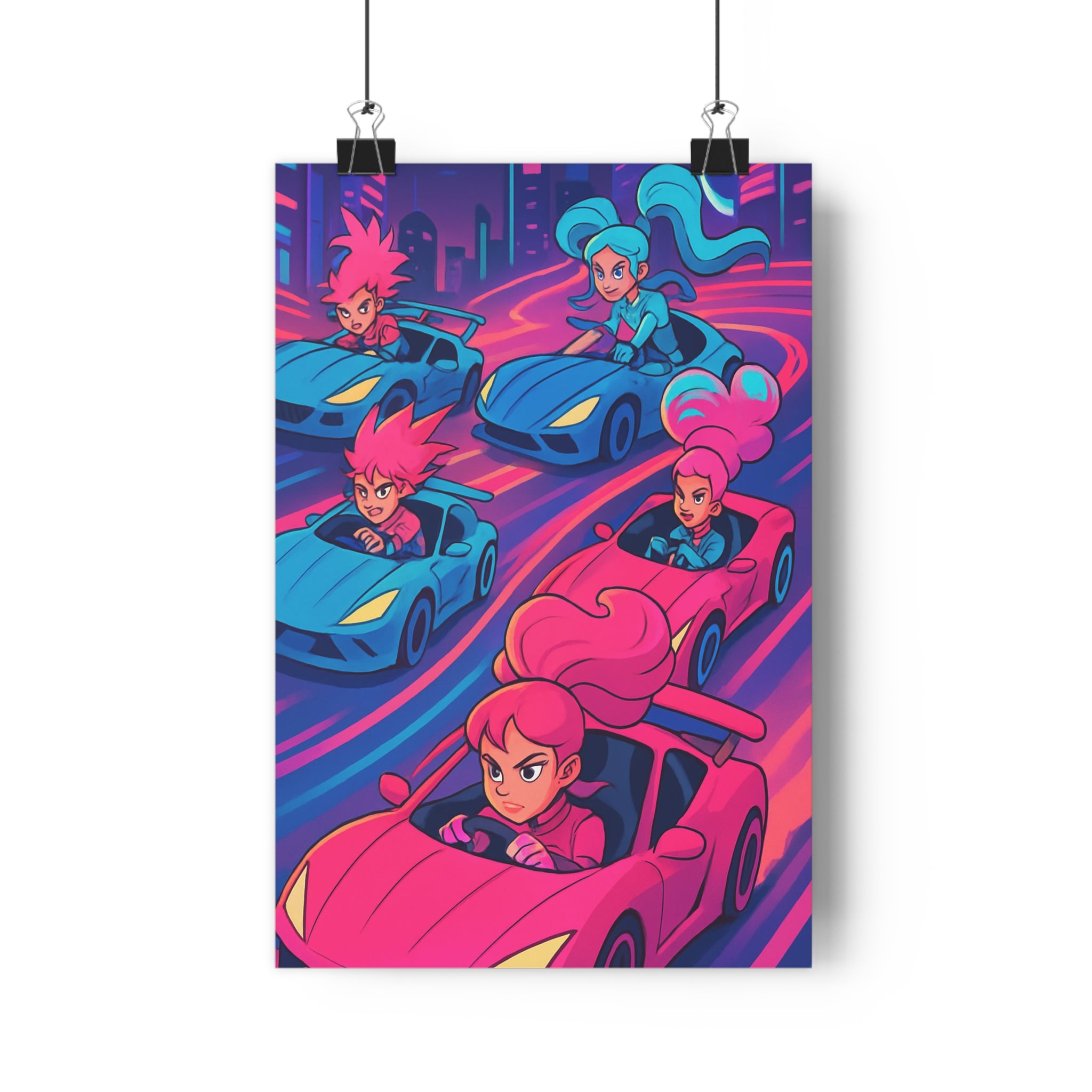 Poster décoratif course futuriste rose bleu cartoon dynamique salon enfant moderne vibrant captivant élégant