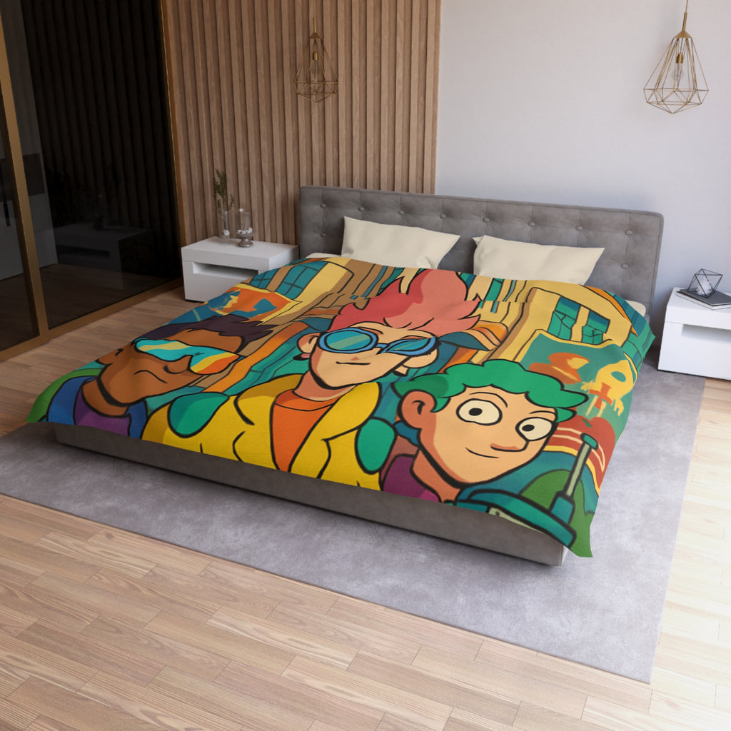 Housse de couette rétro futuriste colorée avec personnages et architecture urbaine stylisée