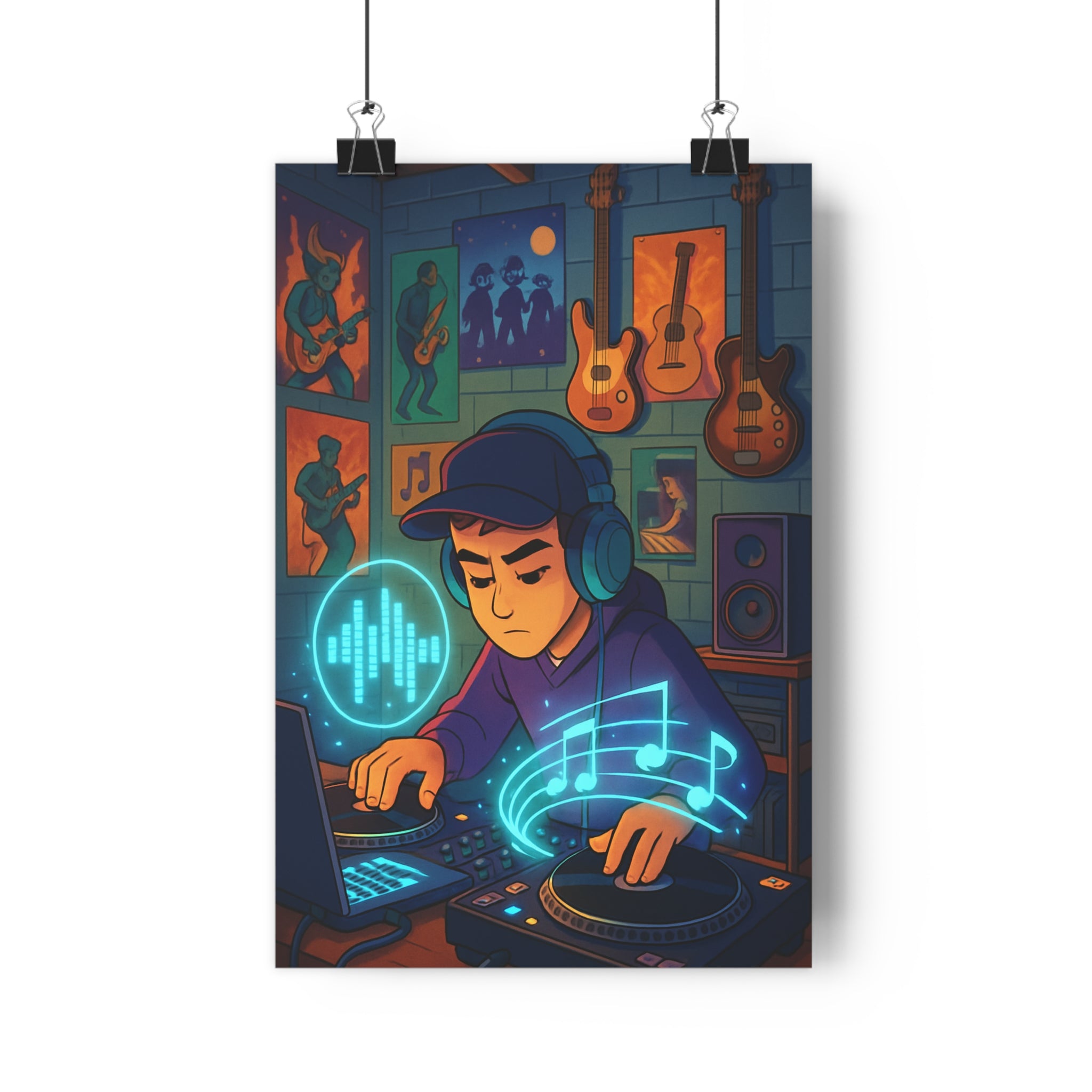 Poster décoratif musique coloré cartoon futuriste dynamique studio créatif lumineux vintage casque platines ordinateur