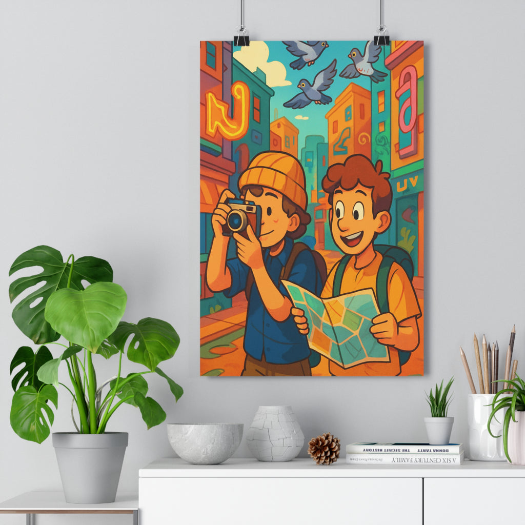 Poster décoratif cartoon urbain aventure amis exploration couleurs vives chambre salon joyeux ambiance unique