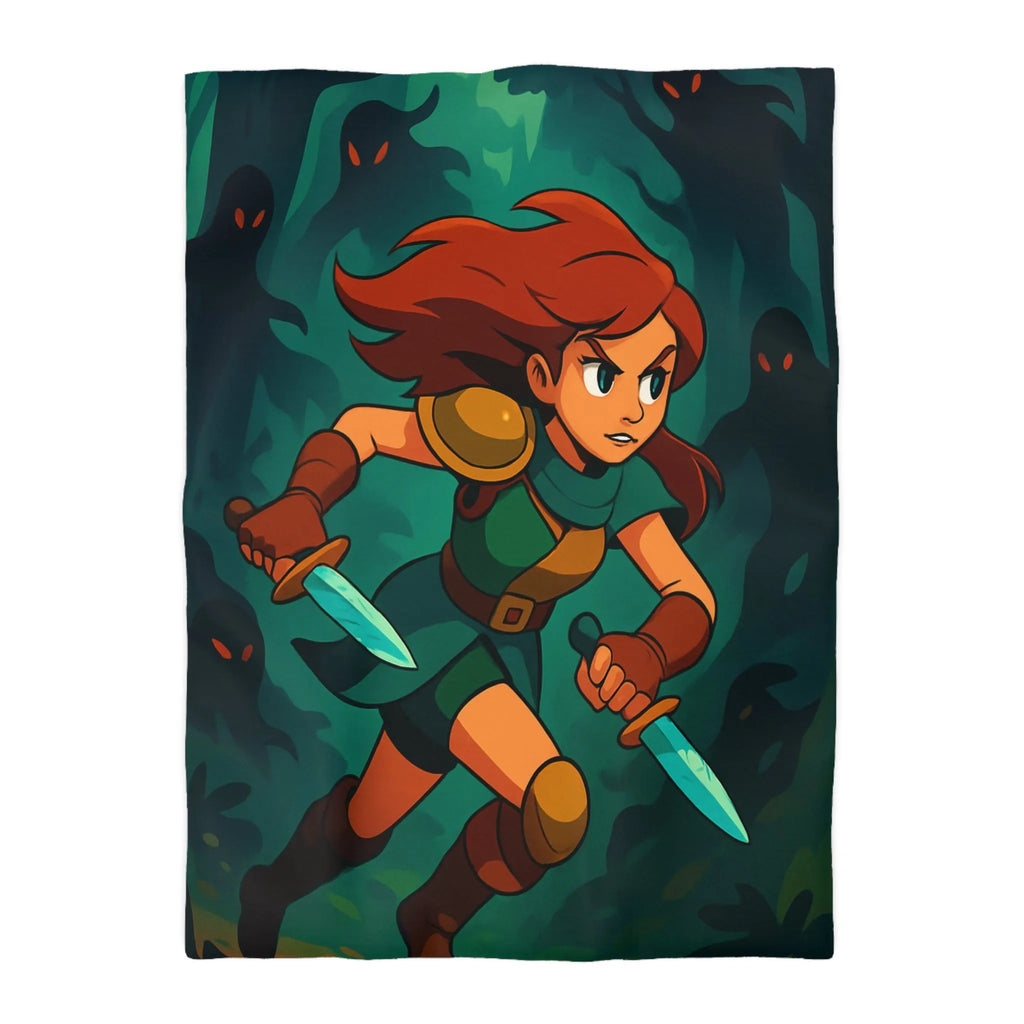 Housse de couette aventure forêt enchantée avec héroïne courageuse et lames scintillantes