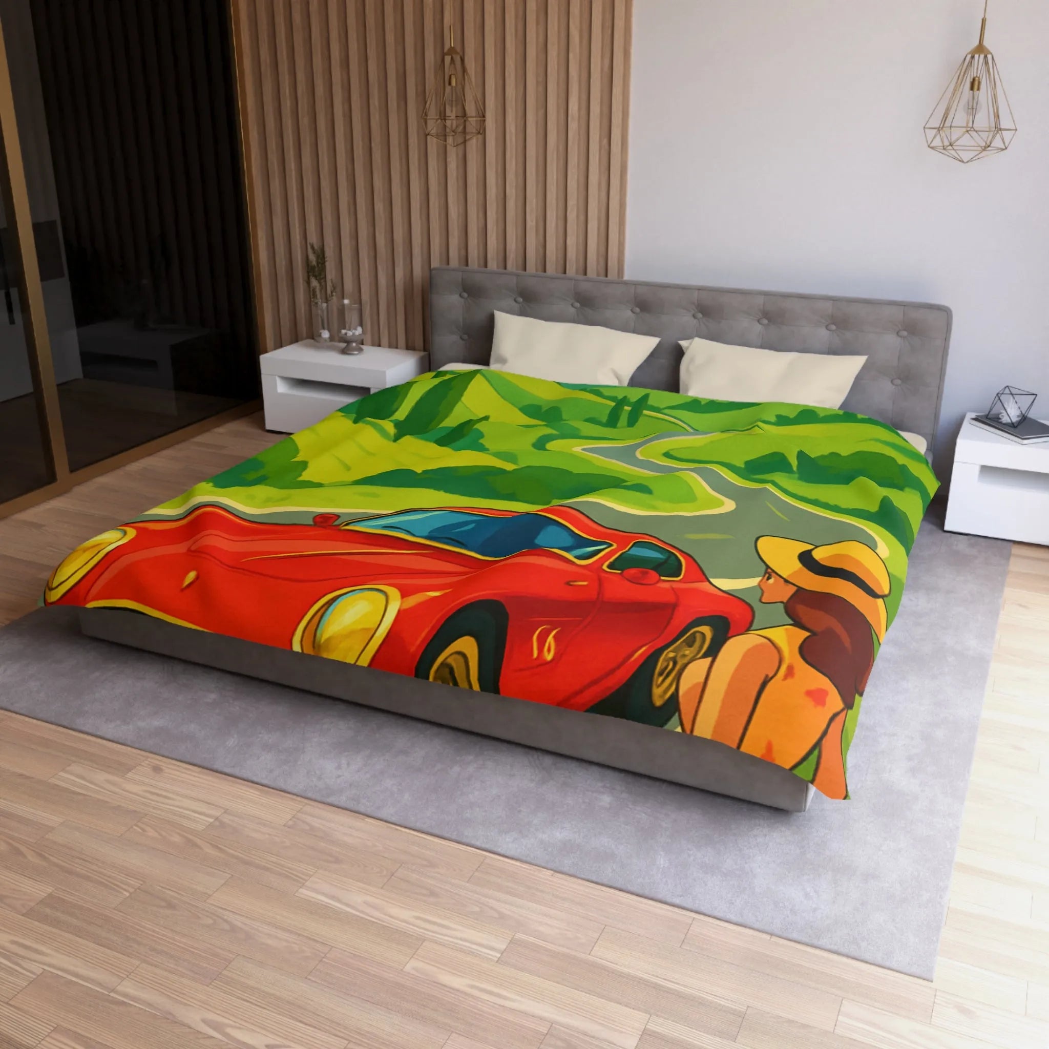 Housse de Couette Colorée avec Paysage Champêtre, Route Sinueuse et Voiture Rouge
