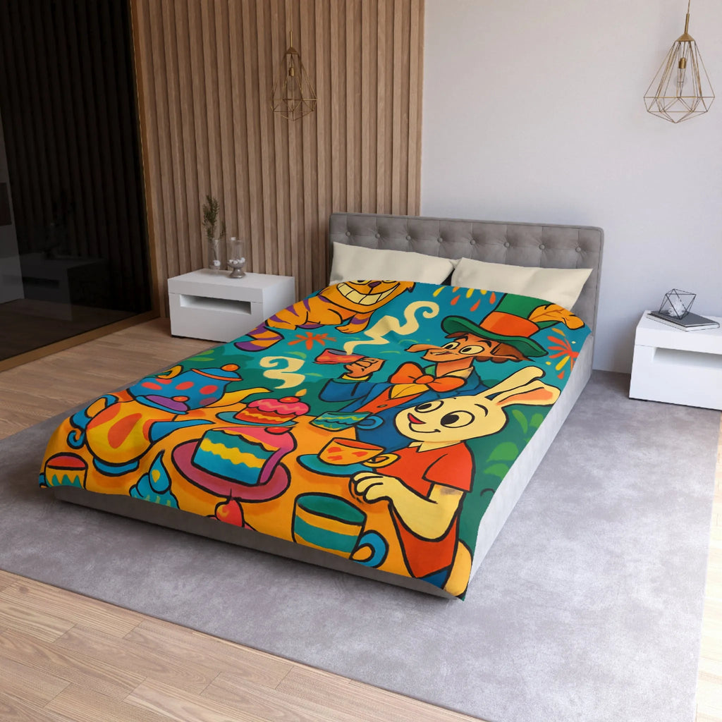 Housse de couette colorée avec scène de thé joyeuse inspirée d'un conte fantaisiste