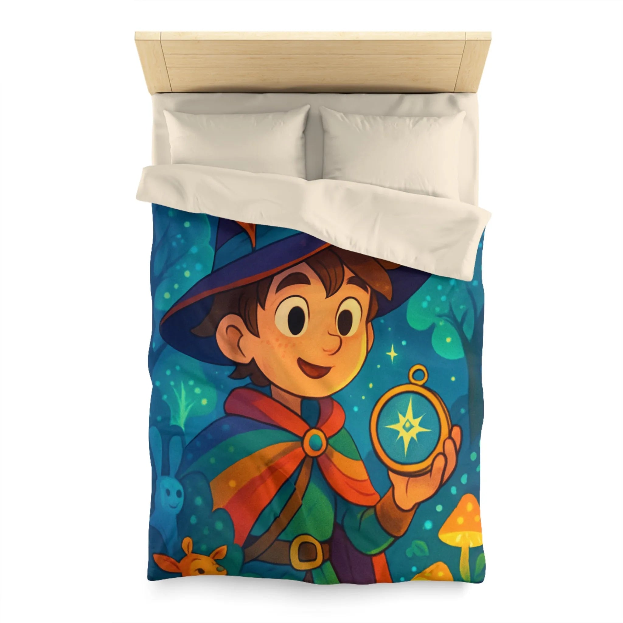 Housse de Couette Enfant Fantasy avec Sorcier et Dragon dans Forêt Enchantée Étoilée
