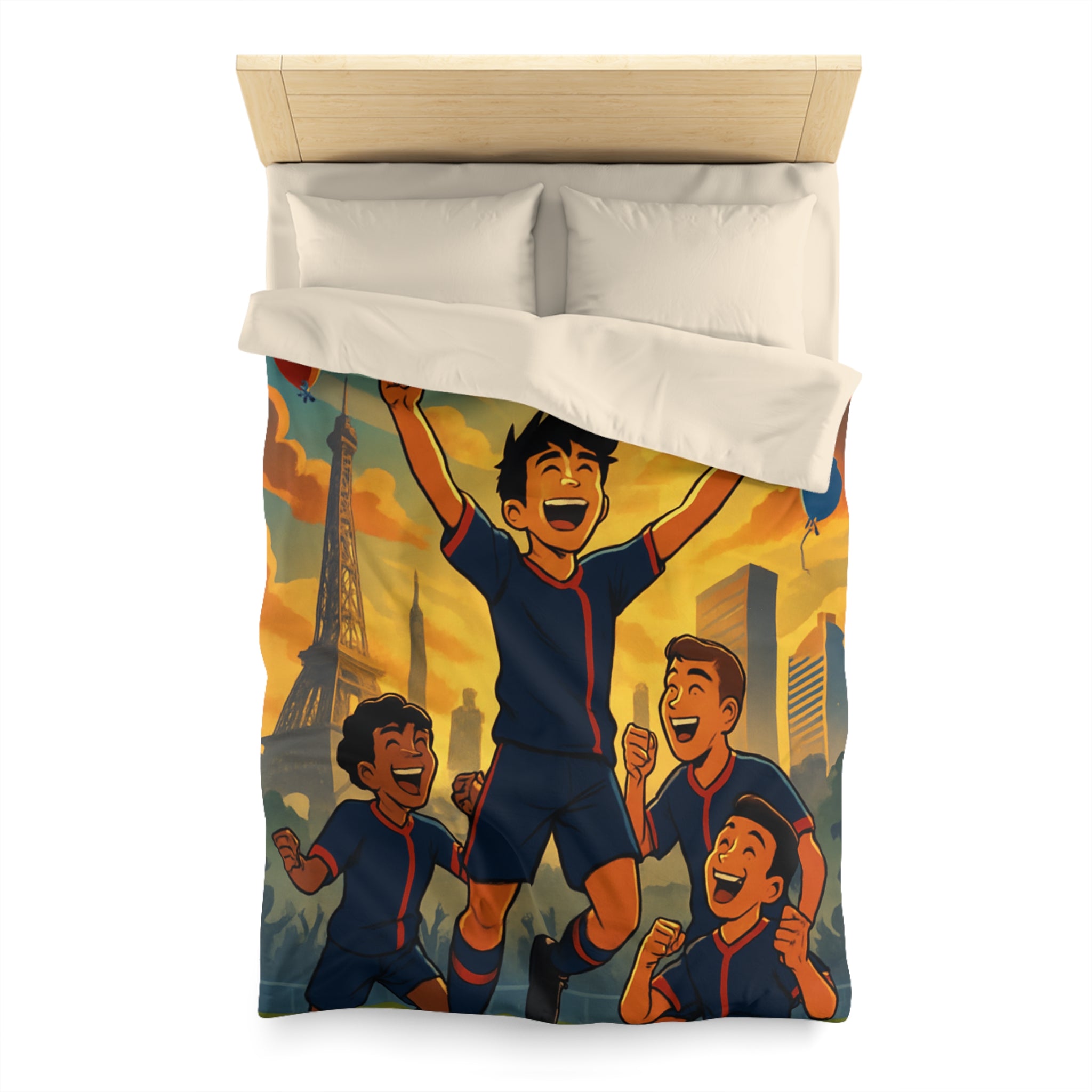Housse de couette pour enfants avec footballeurs enthousiastes devant paysage urbain en coucher de soleil