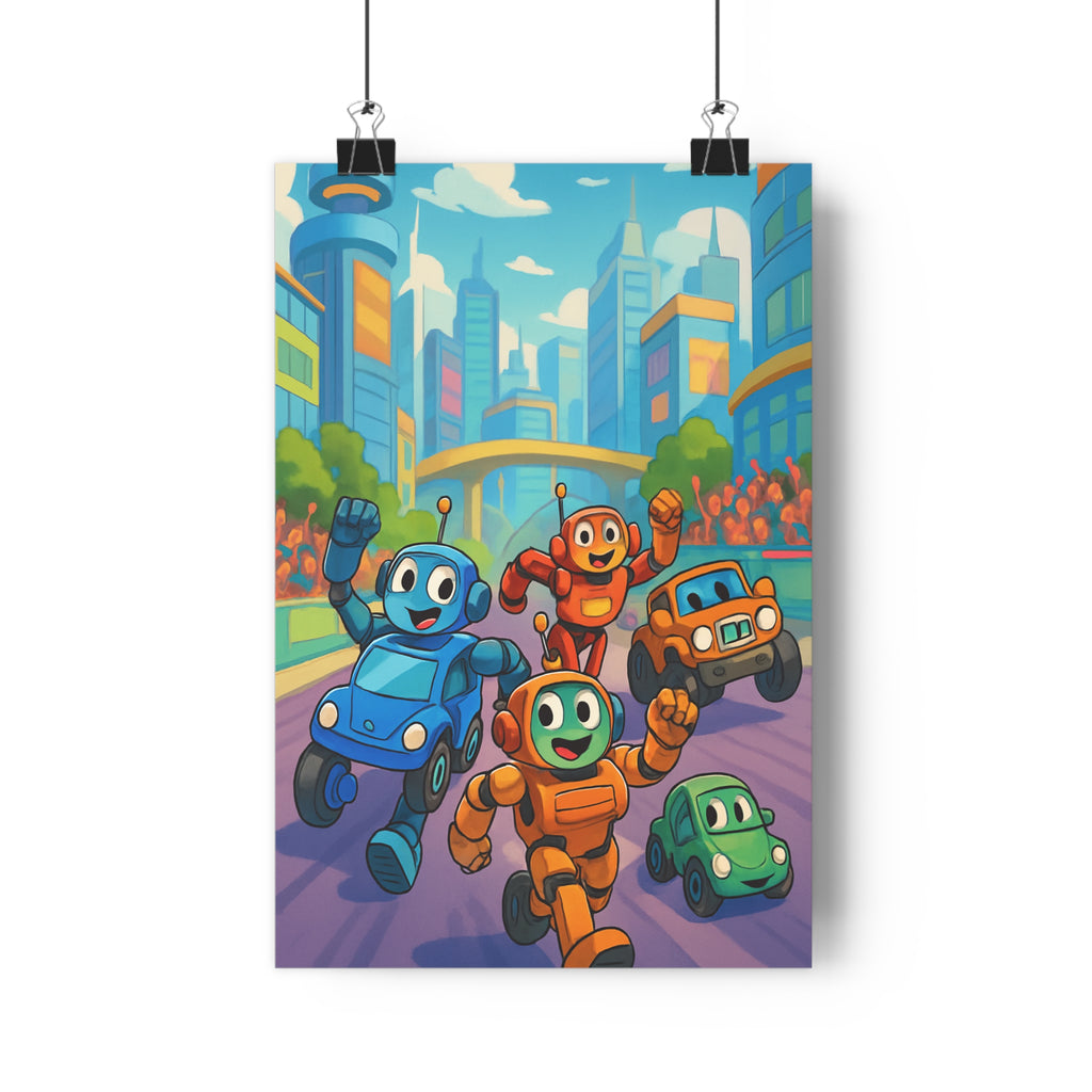 Poster décoratif futuriste robots colorés joyeux moderne ville dynamique enfant chambre bleu vert qualité