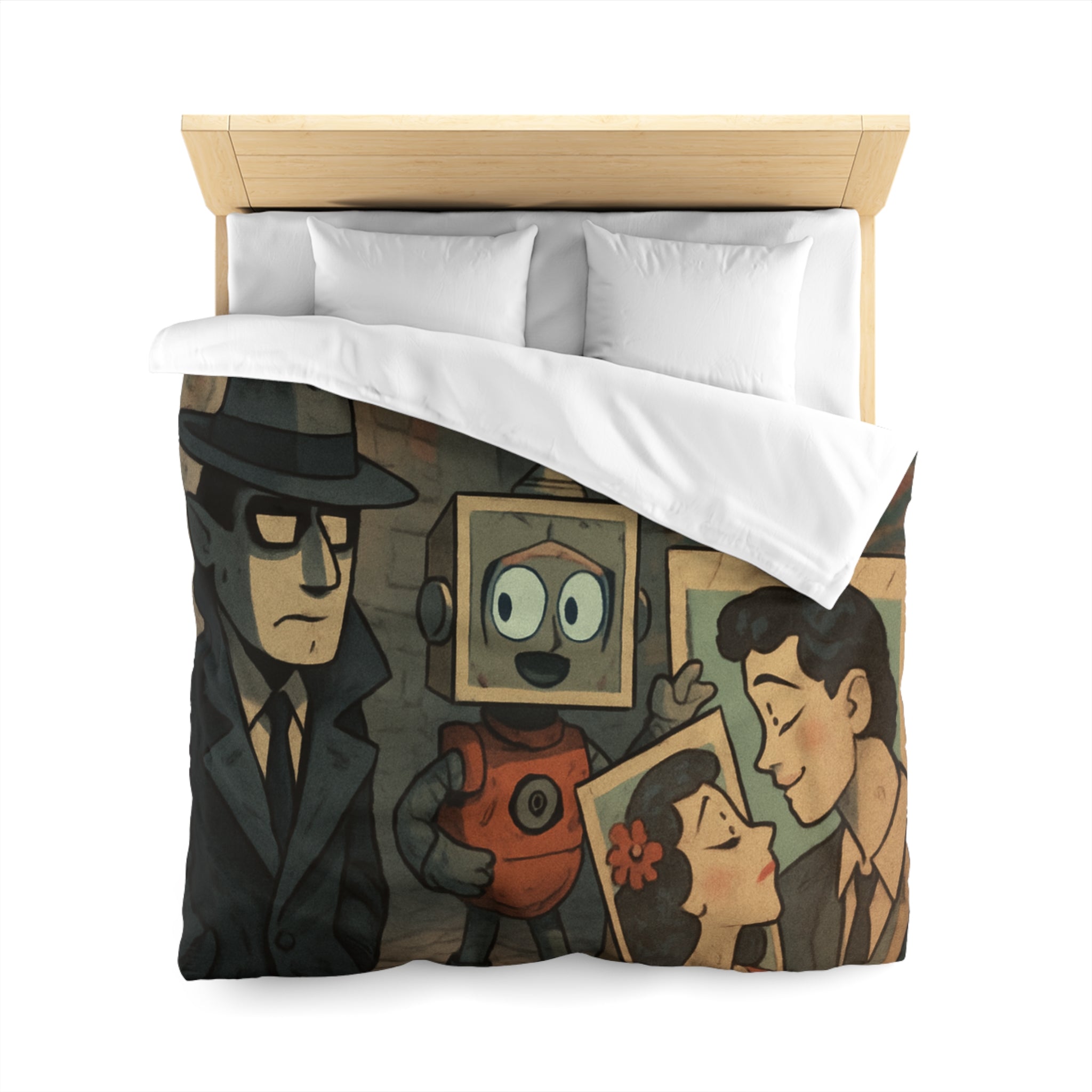 Housse de couette rétro robot vintage, style pop art, ambiance urbaine et romantique