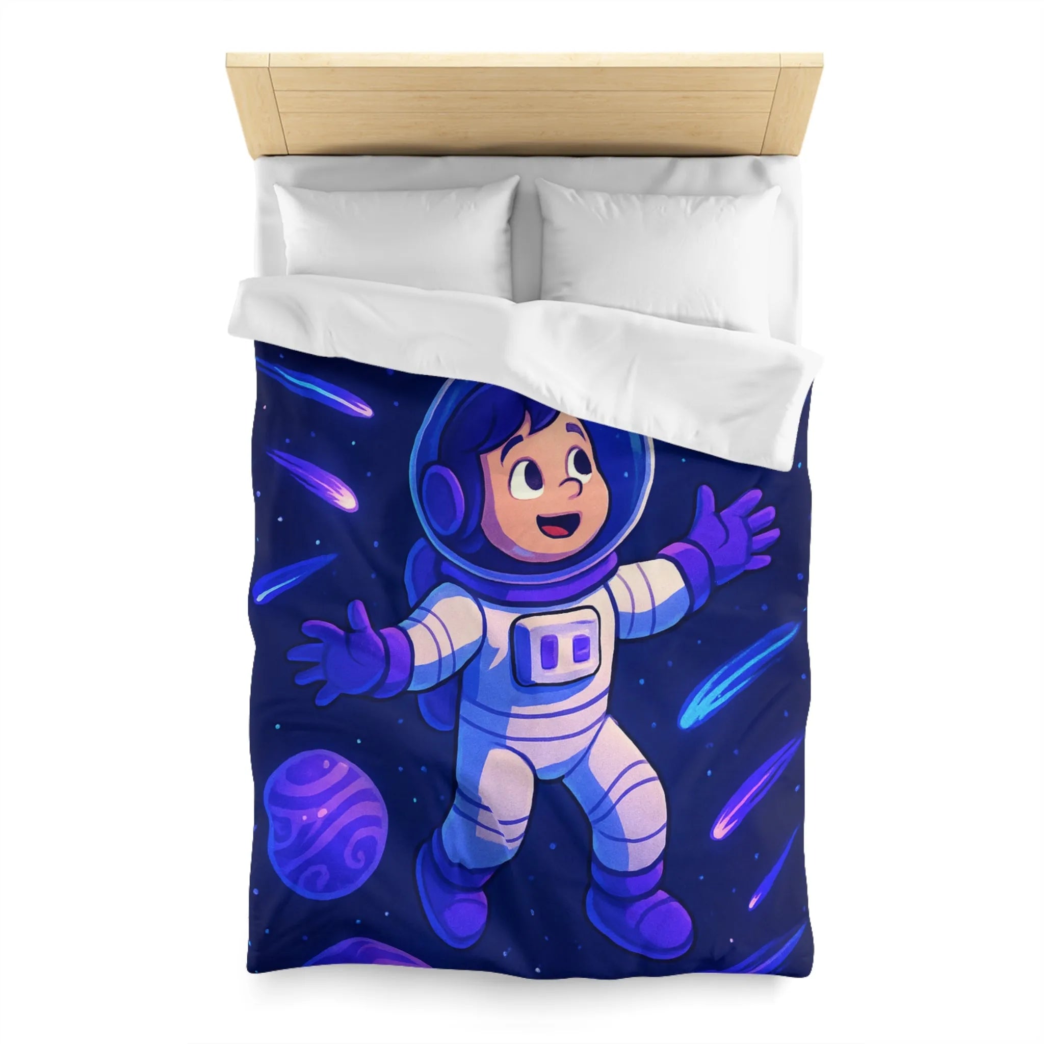 Housse de couette enfant thème espace avec astronaute et planètes colorées violettes