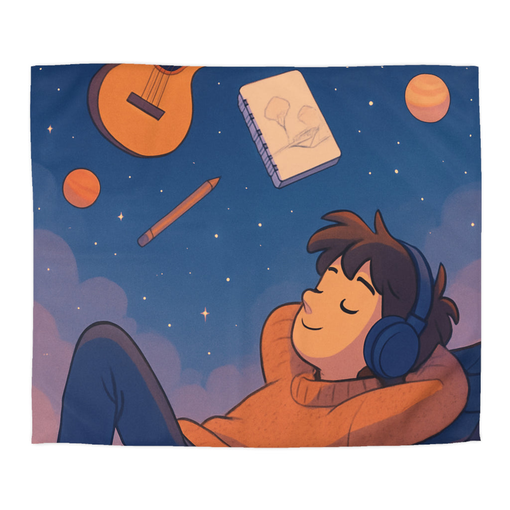 Housse de couette rêve étoilé avec guitare, planètes et rêverie d'artiste