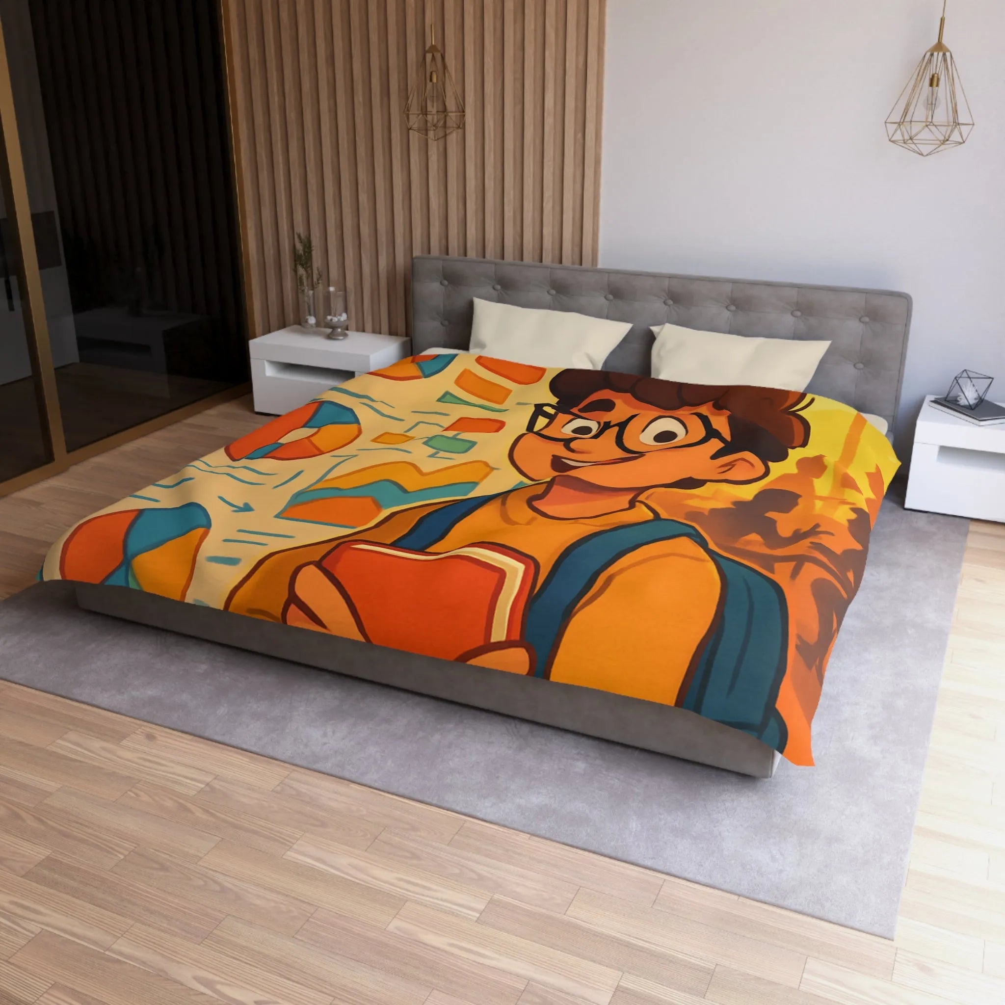 Housse de couette avec motif graphique coloré et personnage étudiant portant lunettes
