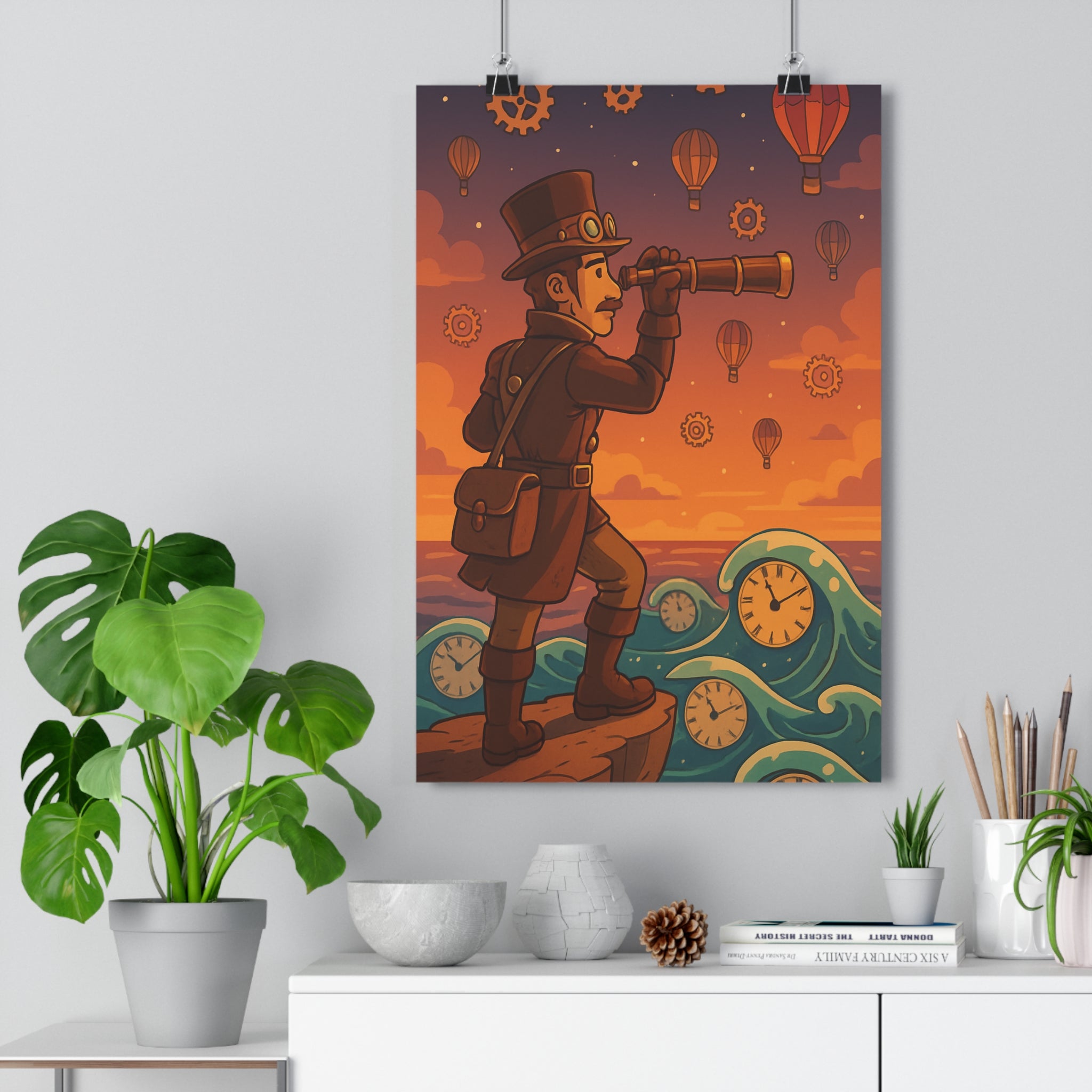 Poster décoratif steampunk orange bleu aventure mystique explorateur salon bureau vintage paysage rêveur tendance