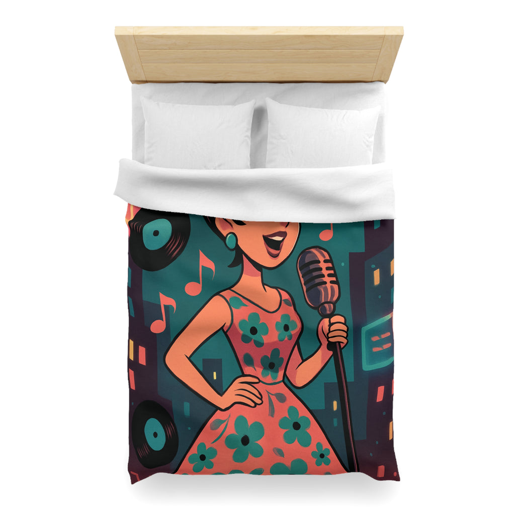 Housse de Couette Vintage Femme en Robe à Fleurs Chante Microphone Musique.