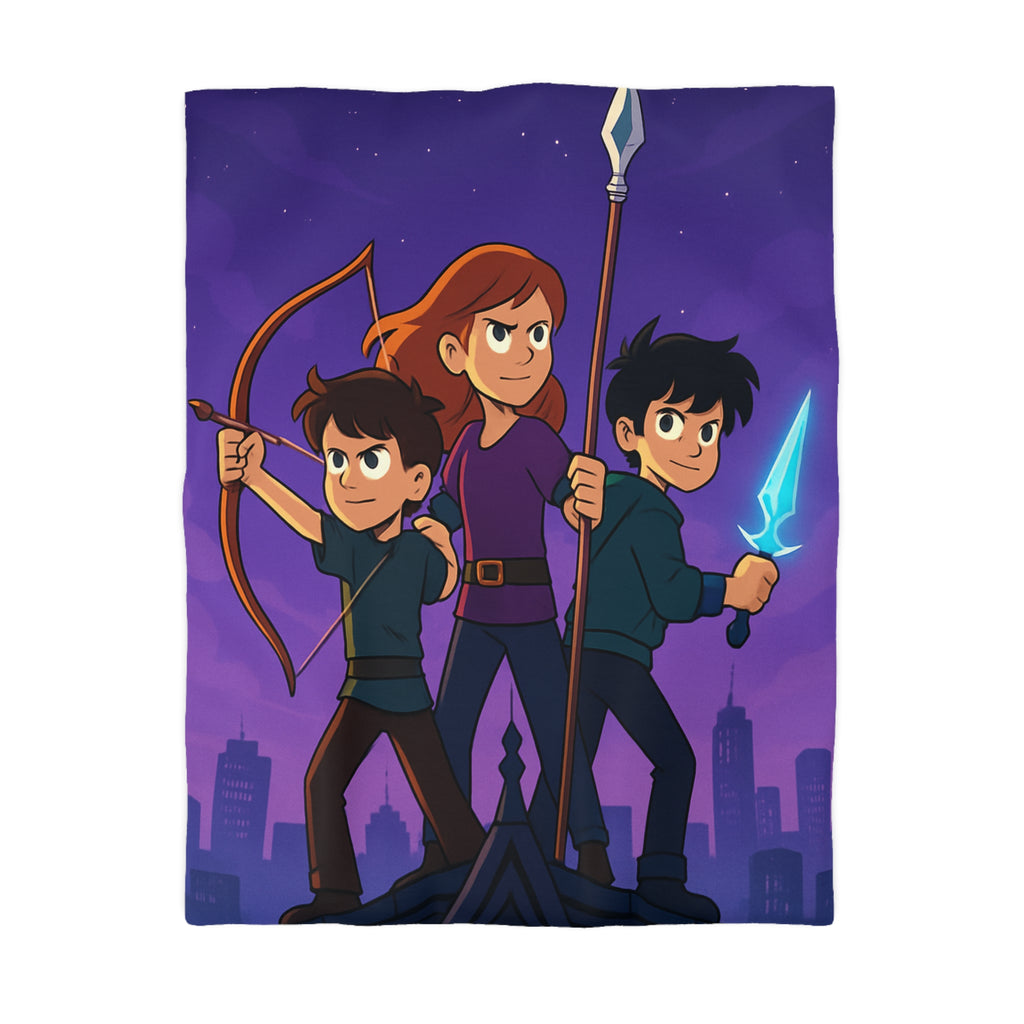 Housse de couette urbaine illustrée, ambiance aventure mystique avec enfants et armes