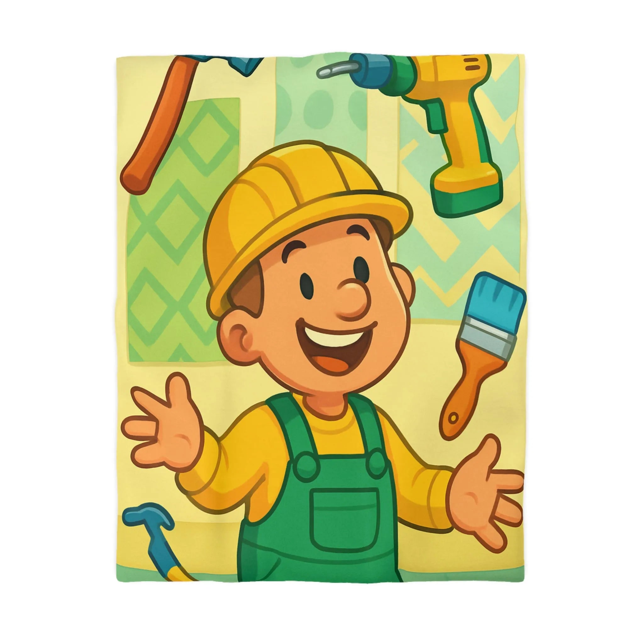 Housse de couette joyeuse pour enfants avec outils de bricolage et personnage souriant
