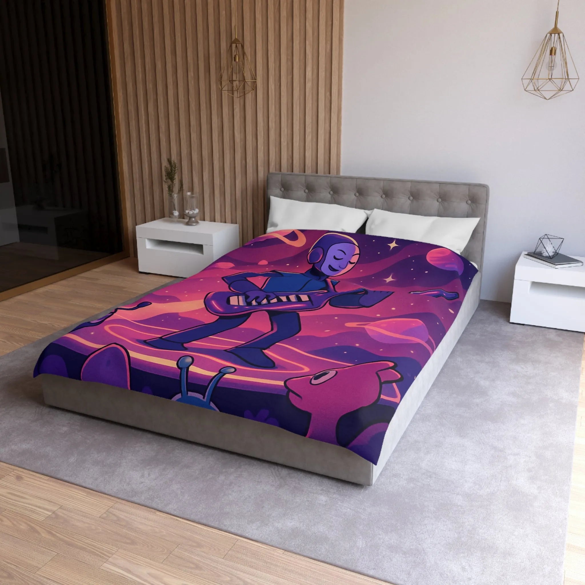 Housse de couette colorée avec astronaute jouant de la guitare dans l’espace cosmique magique