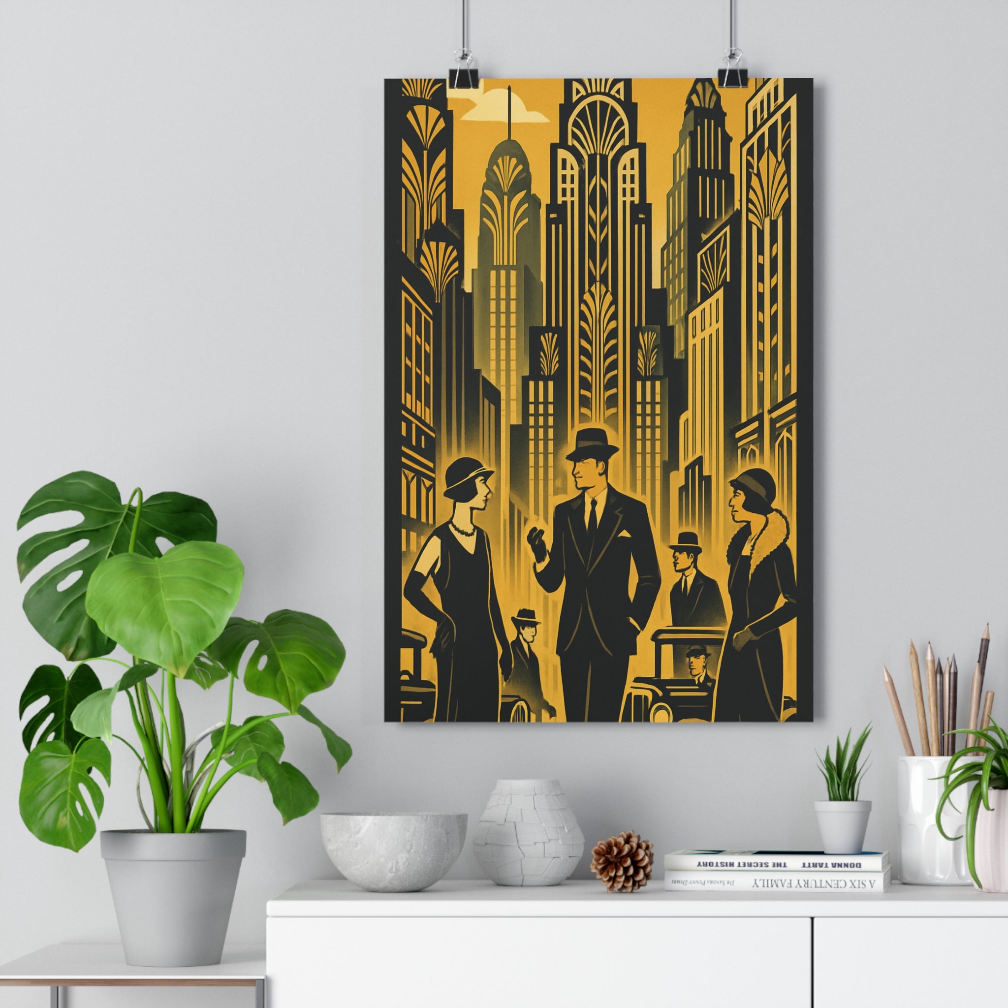 Poster décoratif art déco jaune noir rétrofuturiste urbain salon bureau élégant sophistiqué format 30x46