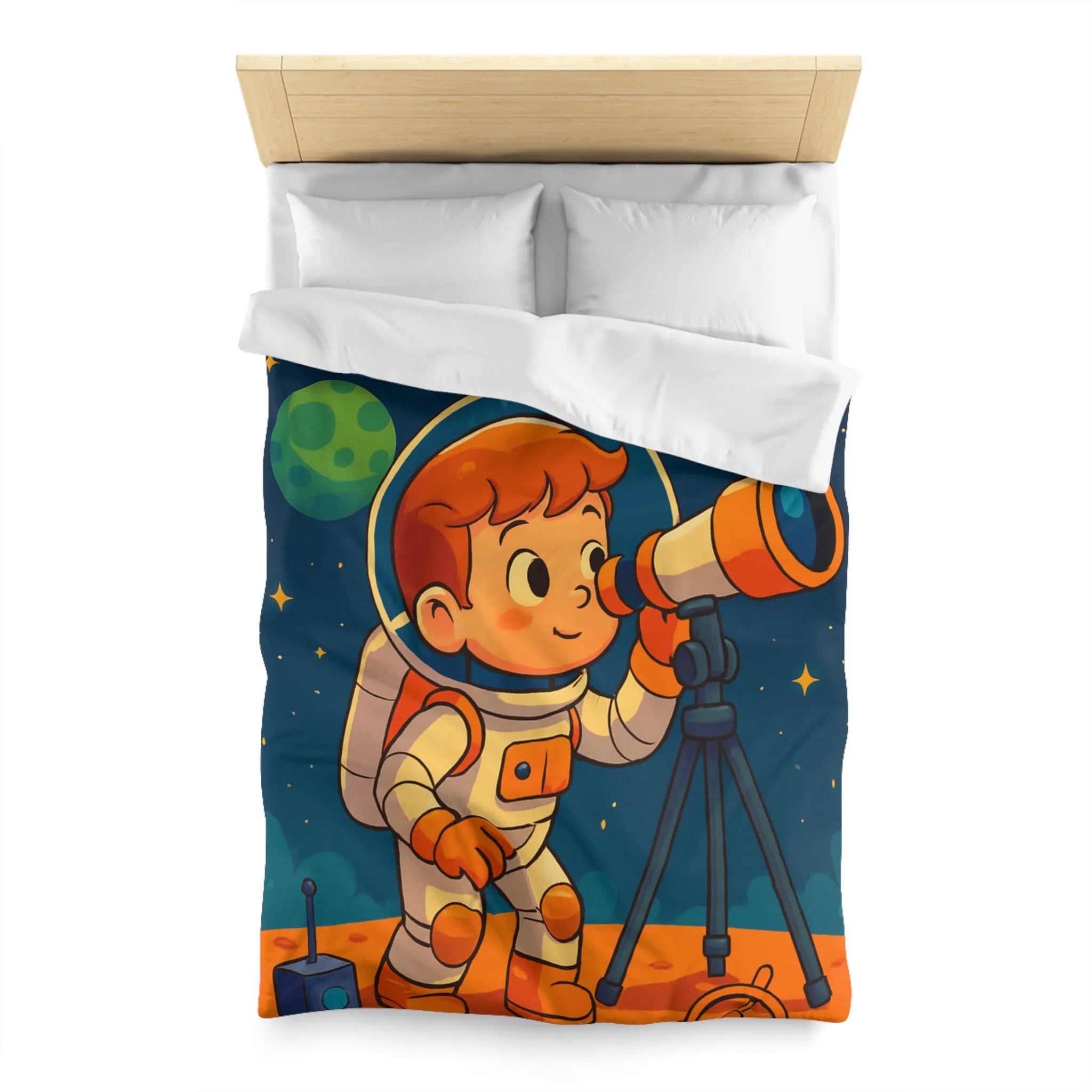 Housse couette enfant astronaute explorant planètes avec télescope carte étoilée