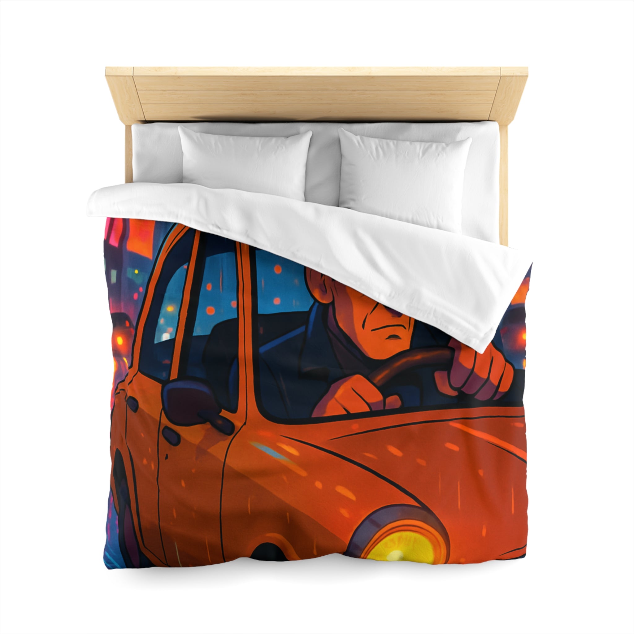 Illustration Nocturne Métropole avec Chauffeur de Taxi sous Pluie pour Housse de Couette