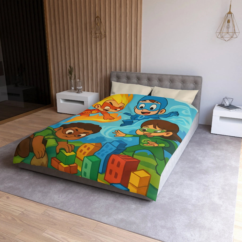 Housse de couette enfant avec super-héros colorés en action dans une ville imaginaire