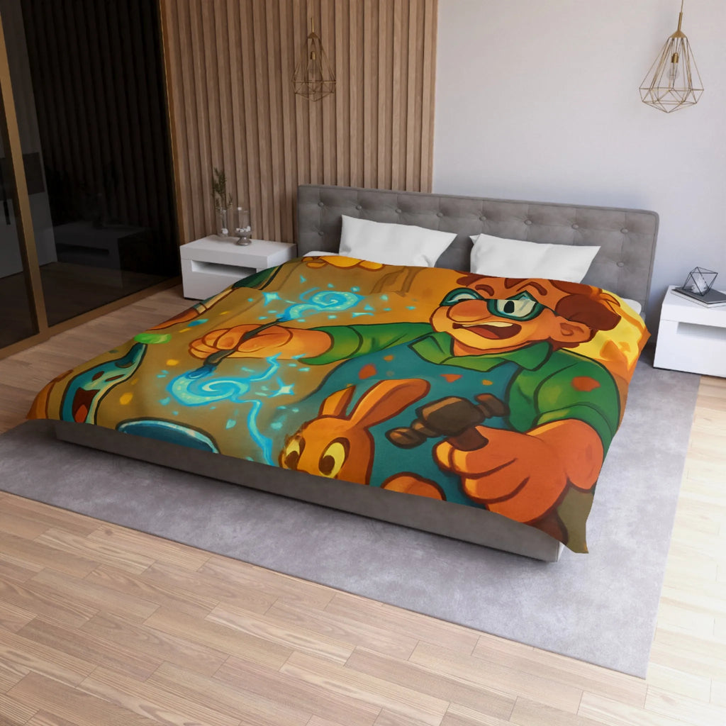 Artisan heureux sculpte figurines magiques dans atelier en bois lumineux et coloré