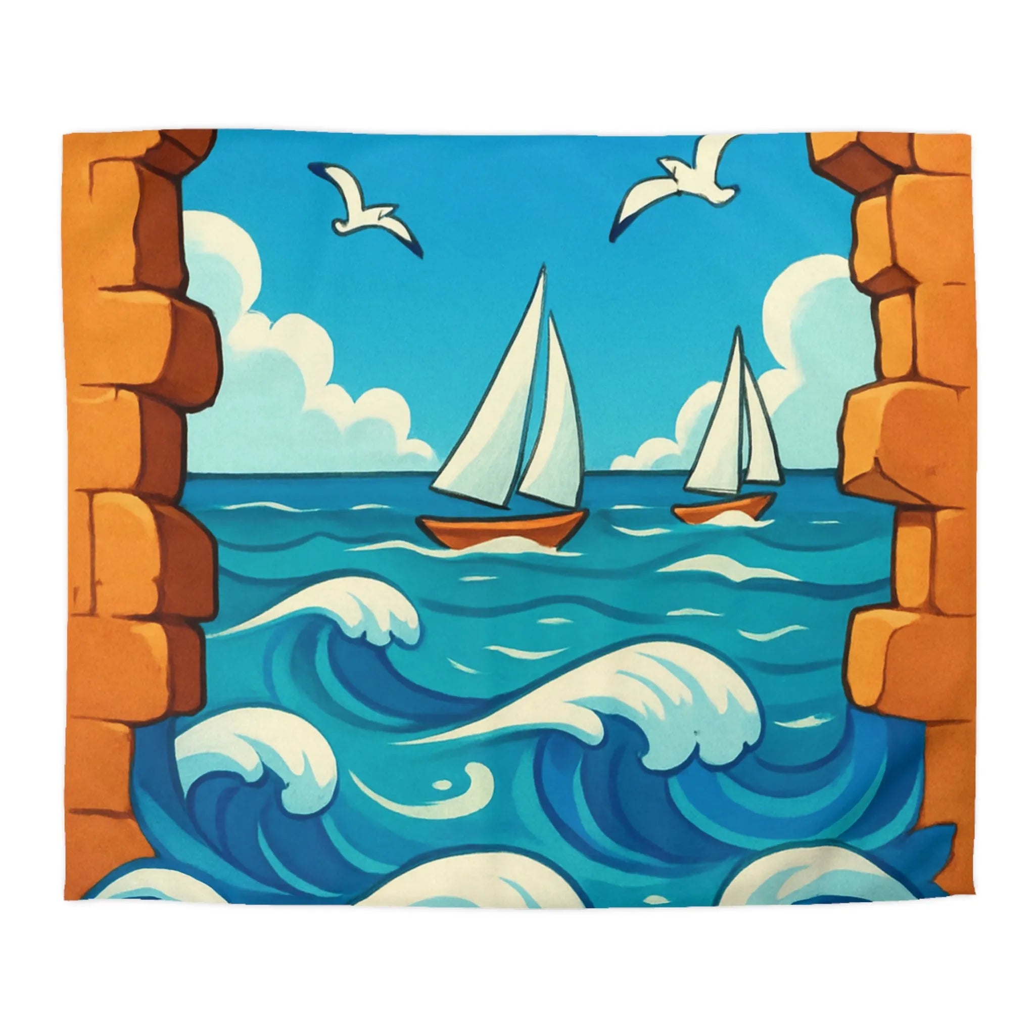 Housse de couette avec voiliers et mer, ambiance estivale bleu et orange