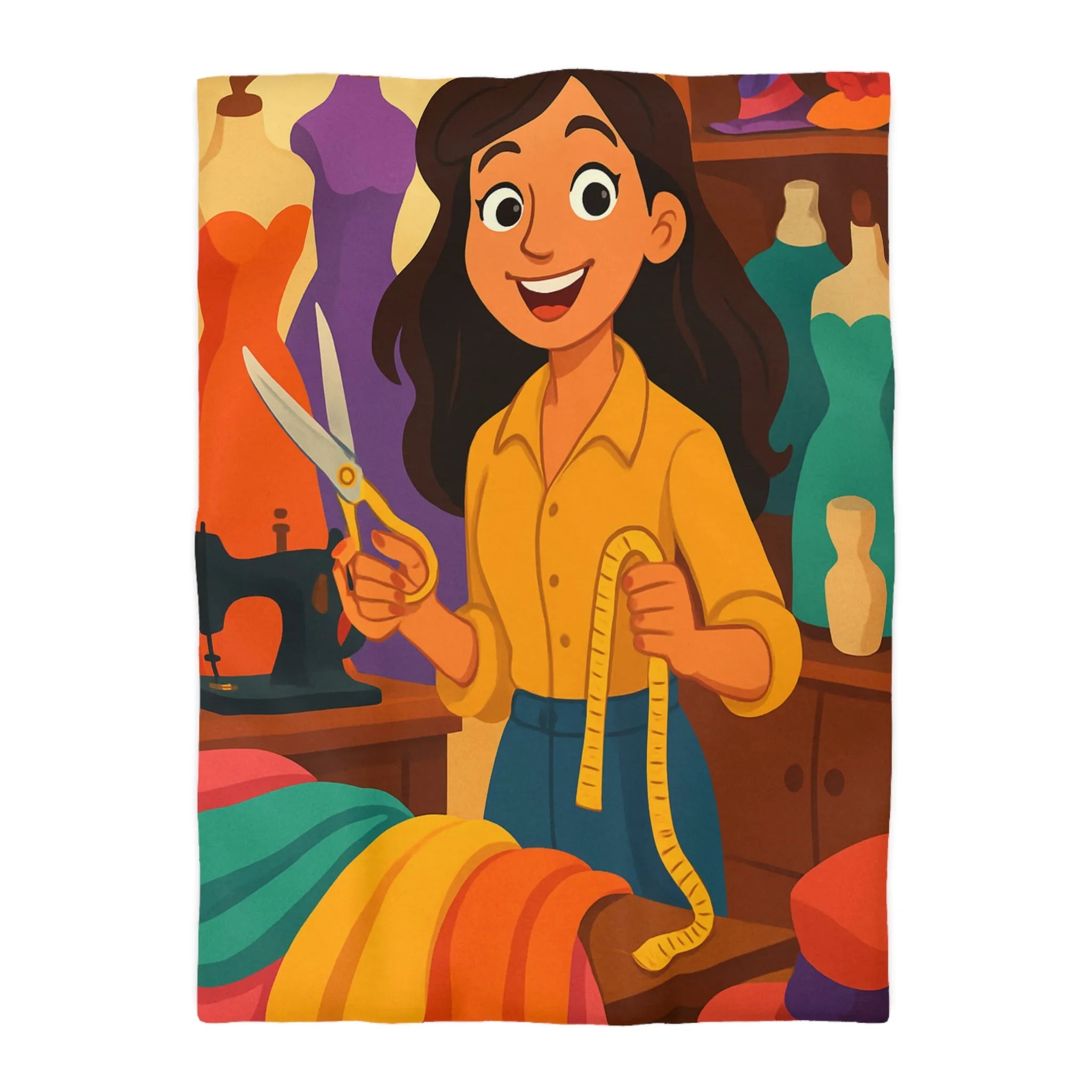 Housse de couette colorée avec motifs de couturière, outils et mannequins élégants