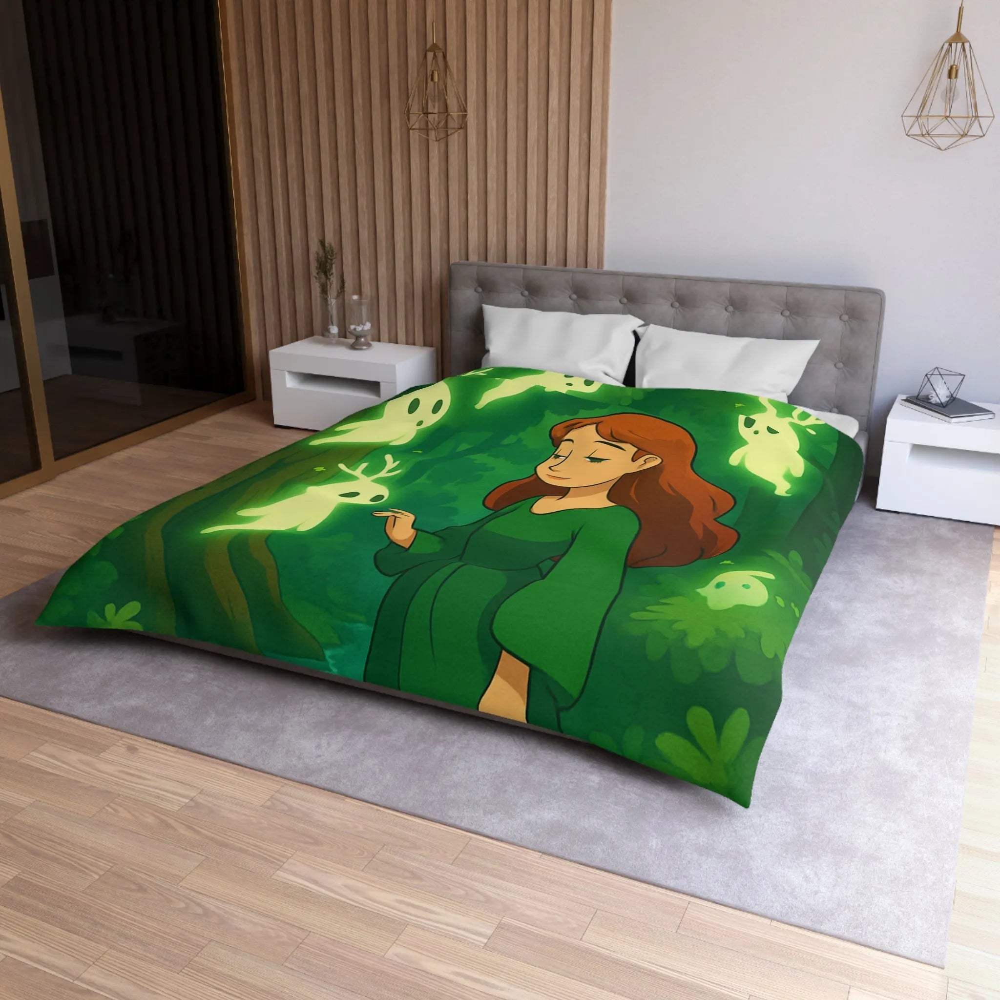 Housse de couette enchantée avec esprits lumineux dans une forêt mystérieuse et verdoyante