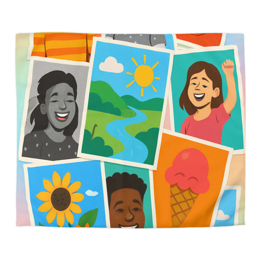 Vibrante housse de couette colorée avec portraits joyeux et paysages ensoleillés pour chambre