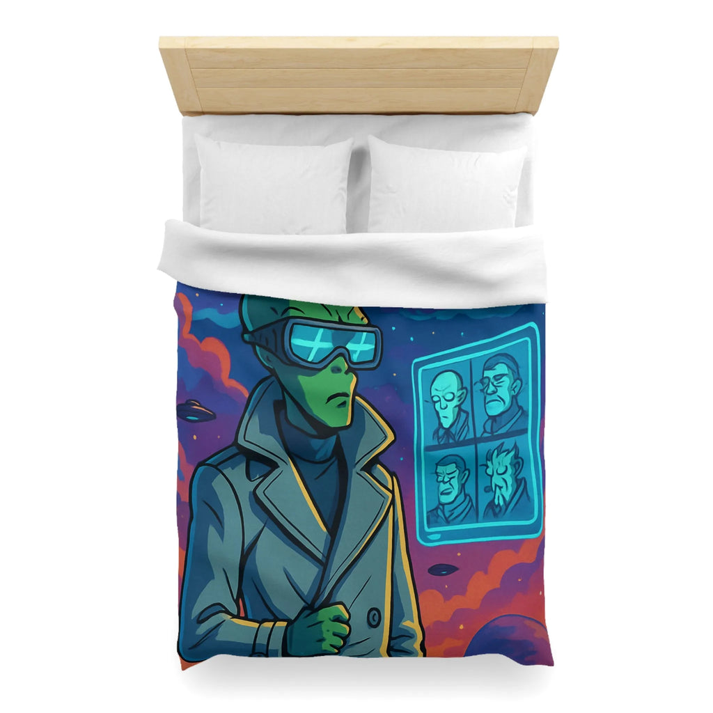 Housse de Couette Futuriste avec Alien et OVNIs, Style Bande Dessinée Colorée Science-Fiction