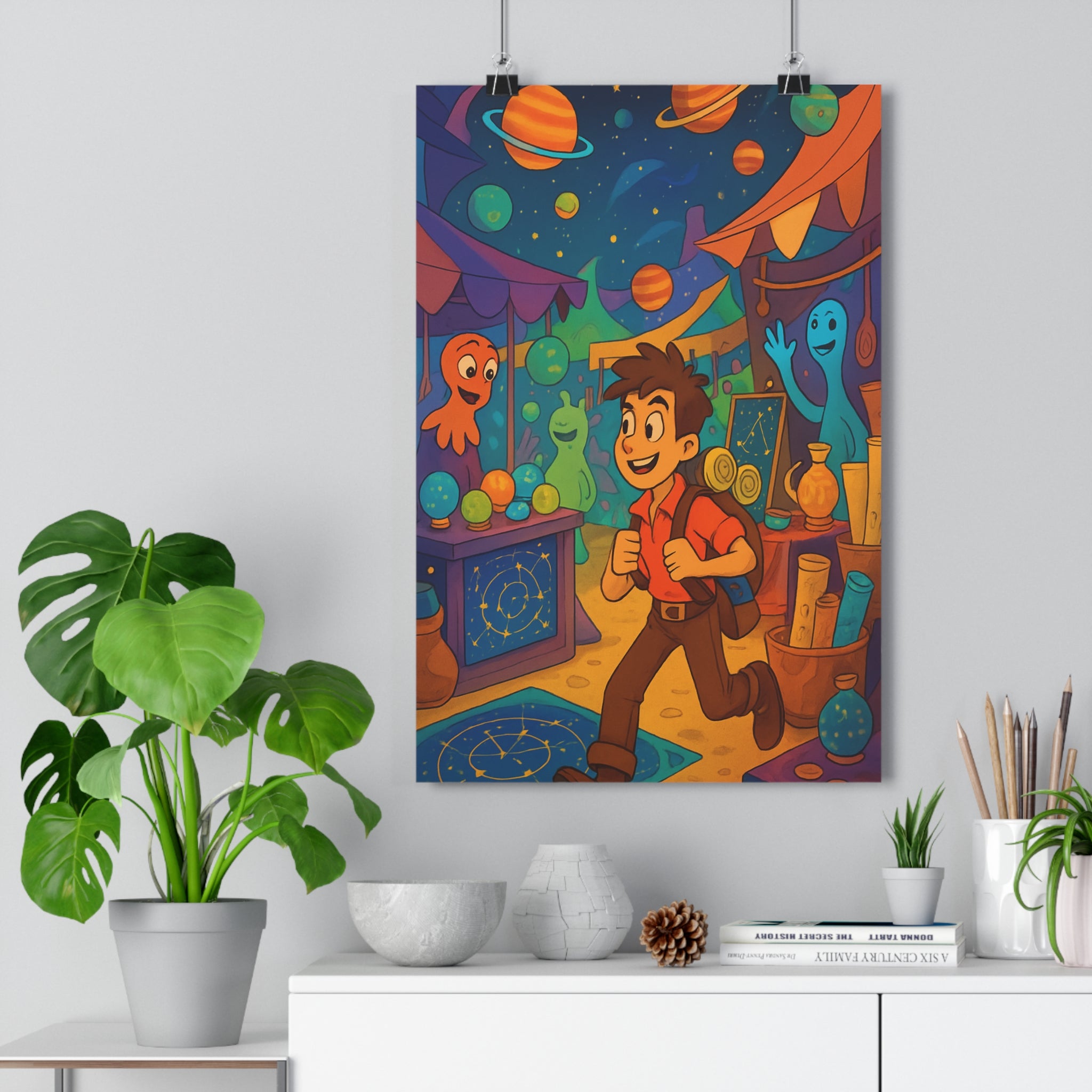 Poster décoratif futuriste anime bleu orange violet aventure chambre salon extraterrestres joyeux captivant unique