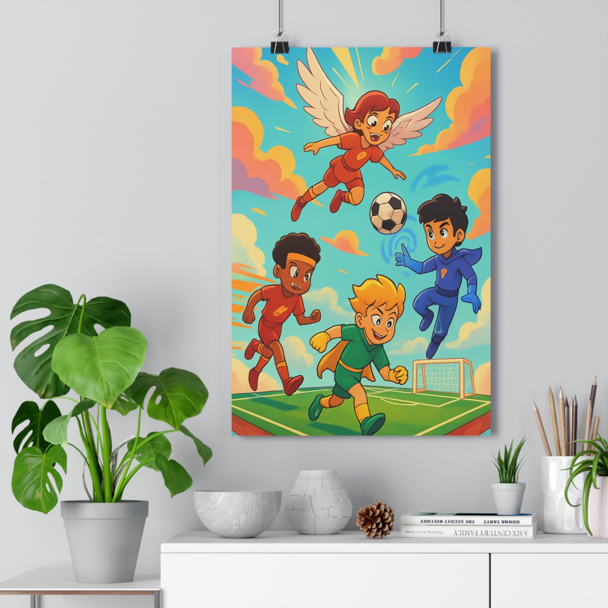 Poster décoratif enfants superhéros football rouge bleu vert jaune cartoon joyeux chambre dynamique énergique