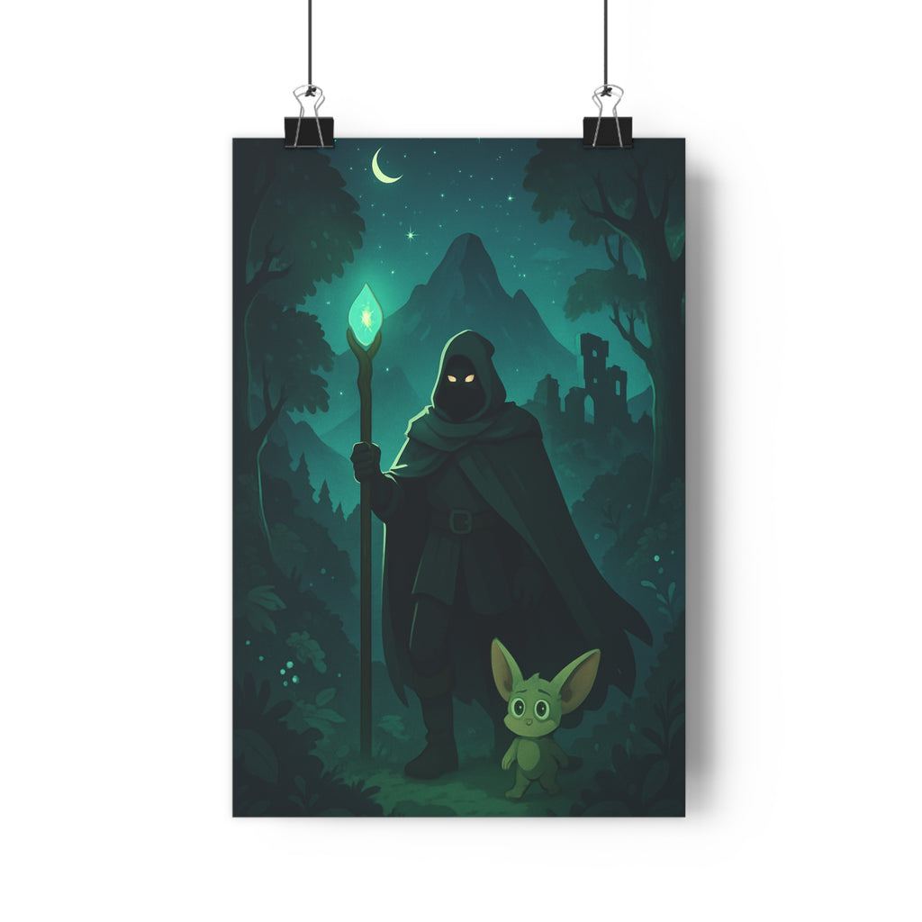 Poster décoratif mystique vert bleu cartoon forêt enchantée personnage créature chambre salon ambiance fantastique