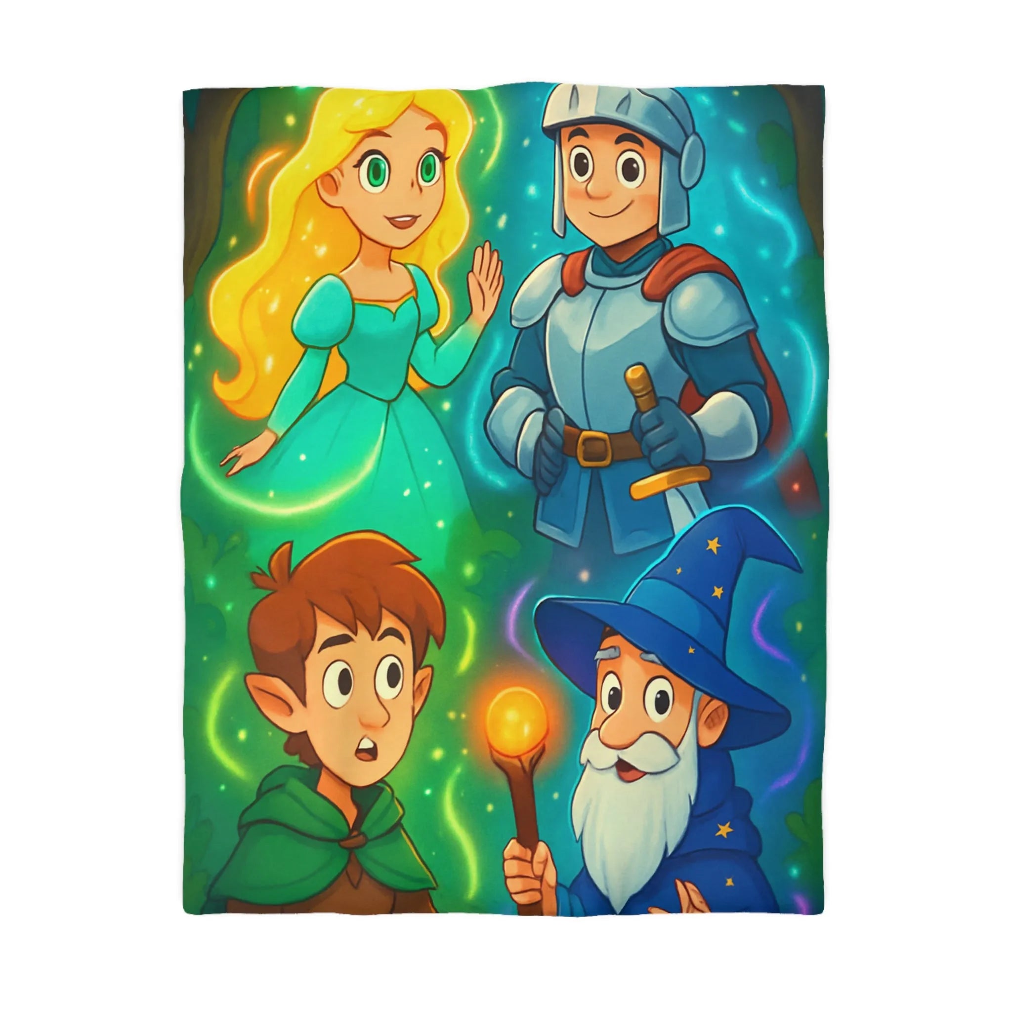Housse de couette avec chevalier, magicien, princesse et elfes pour chambre enfant