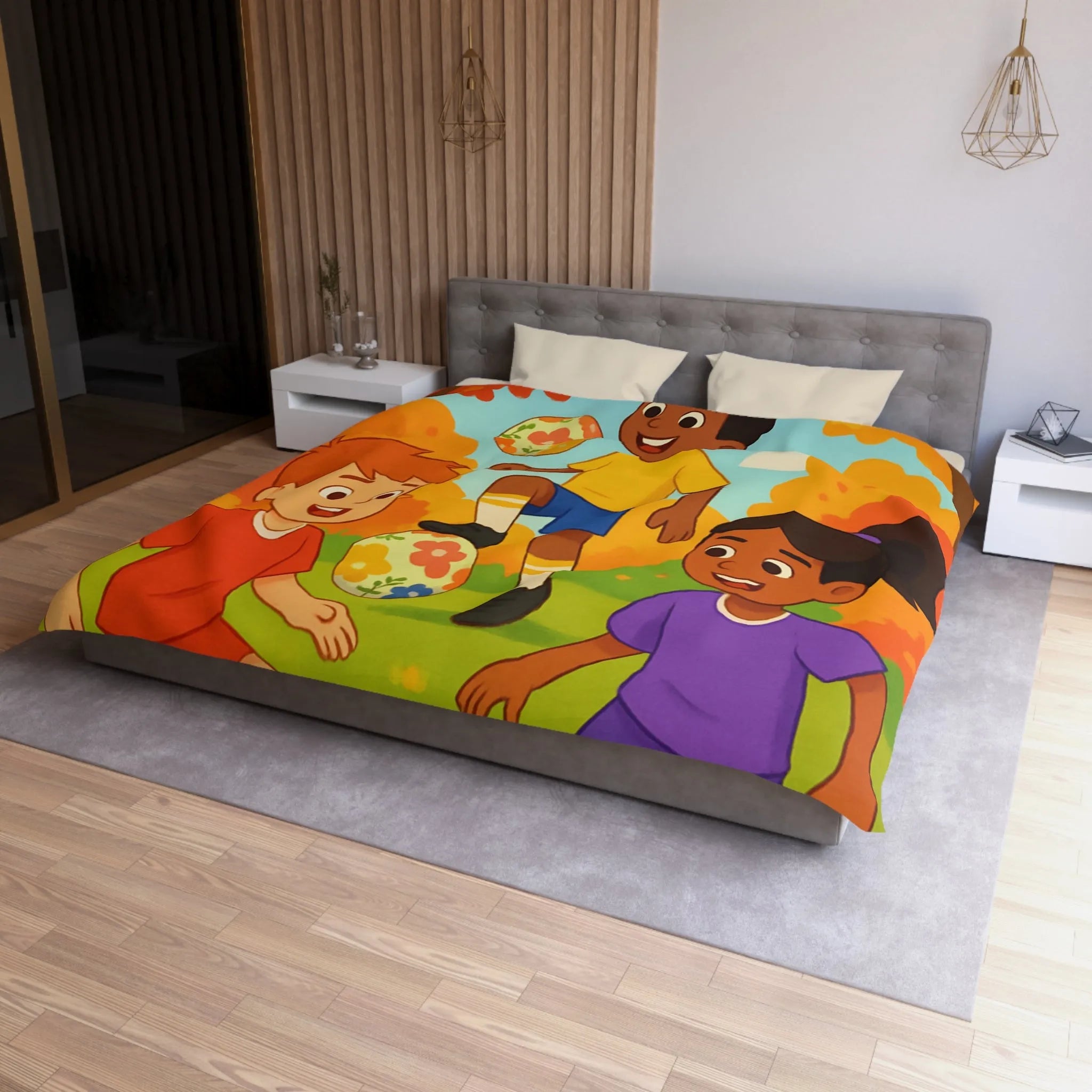 Housse de Couette Enfant Animée, Jeu de Ballon en Automne aux Couleurs Vives