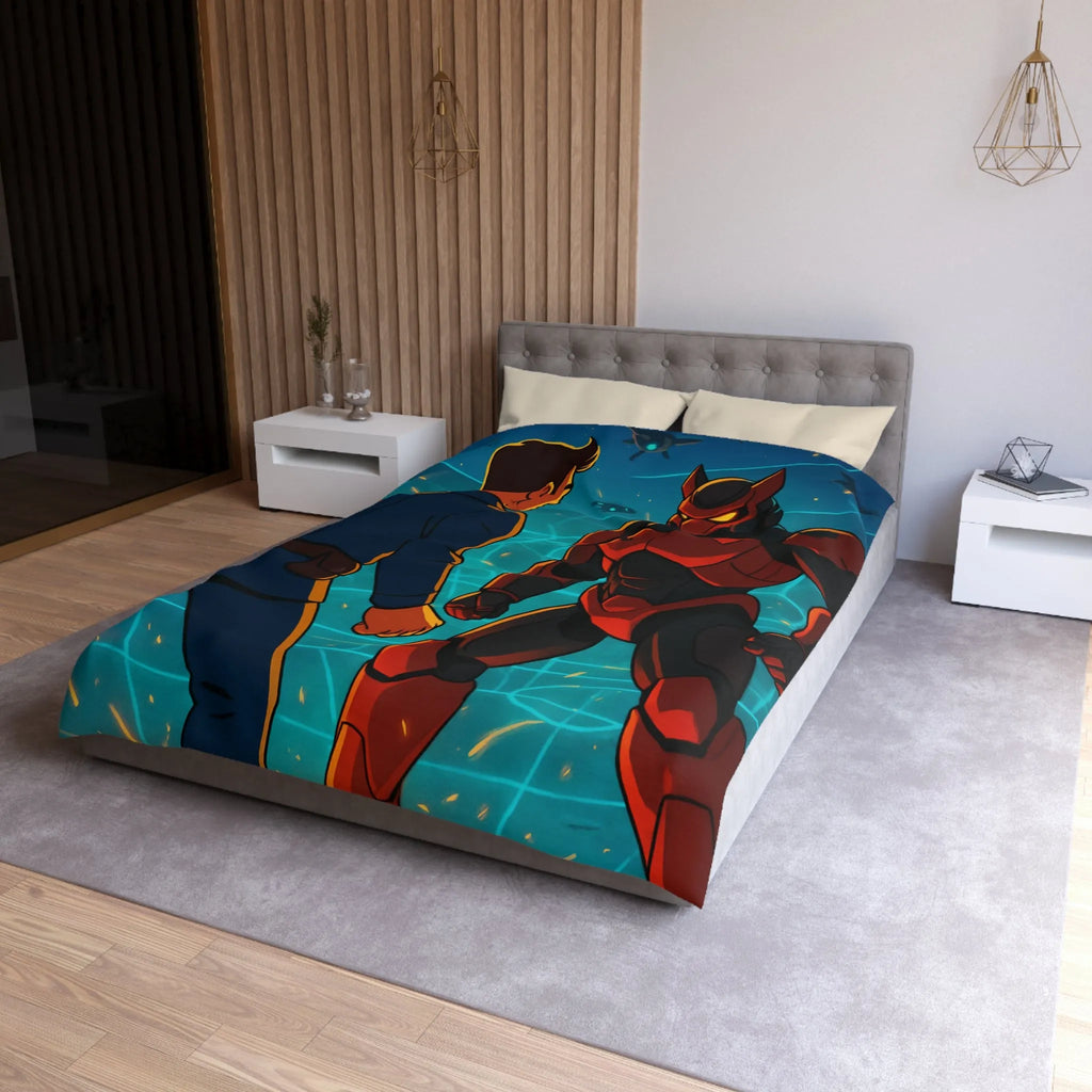 Housse de Couette avec Design Futuriste de Robot et Personnage en Armure Rouge