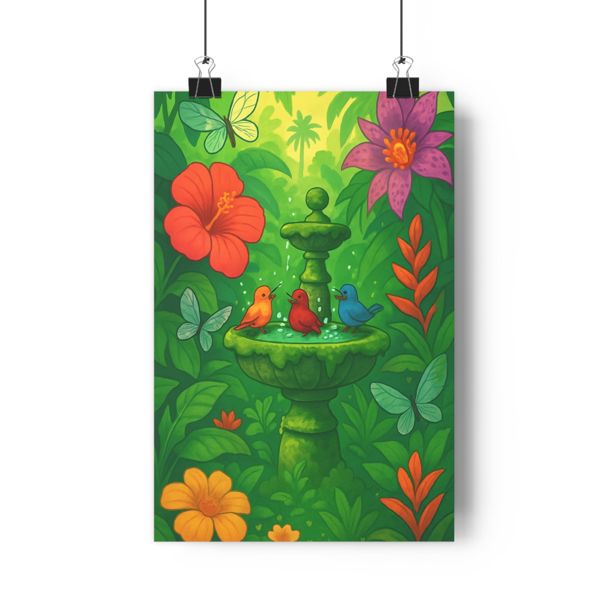 Poster décoratif cartoon nature bleu rouge vert serein salon chambre ambiance colorée murale jardin