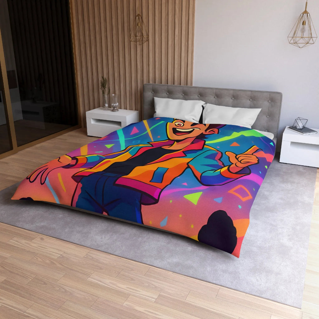 Housse de couette colorée avec personnage animé, haute énergie, motifs géométriques vibrants