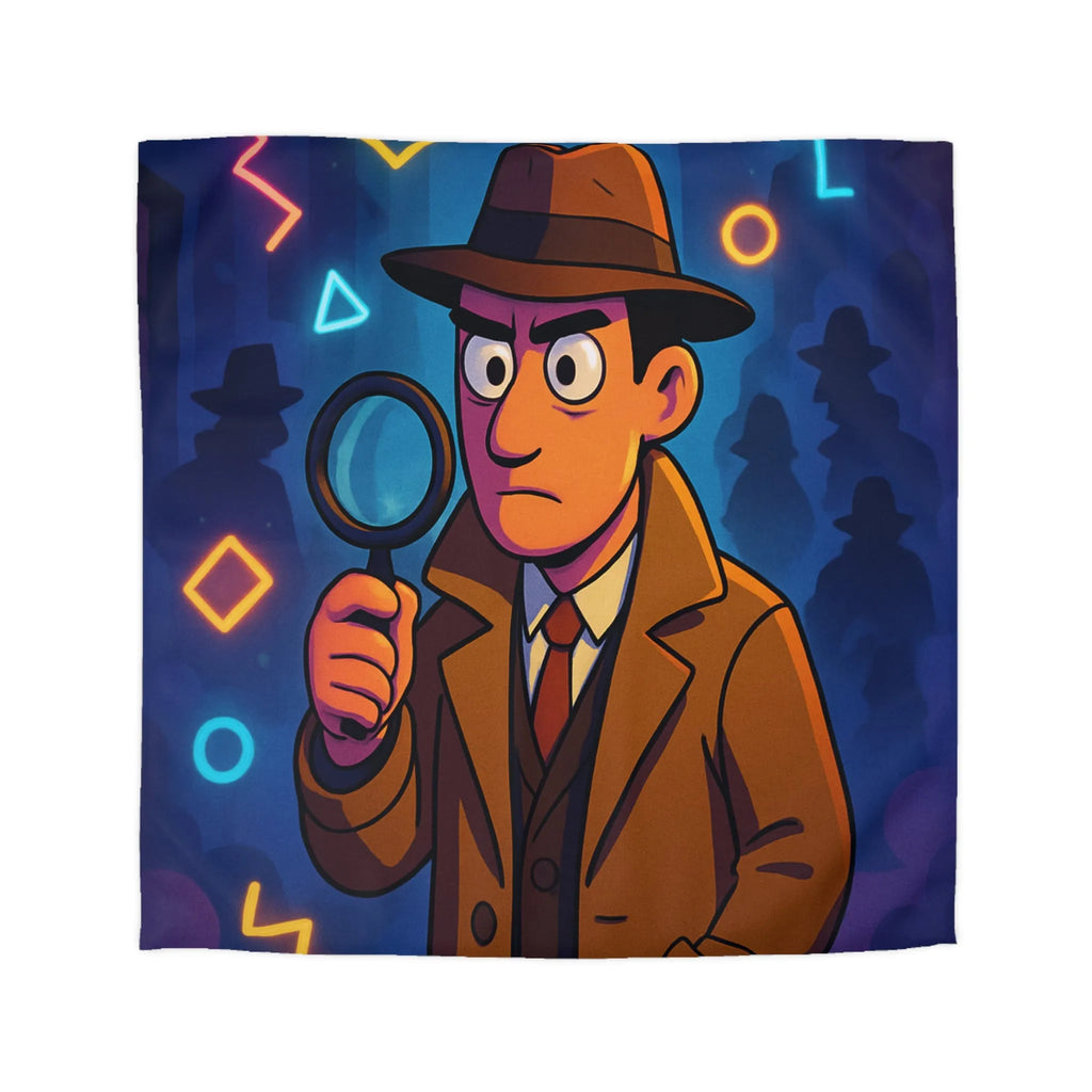 Housse de couette détective rétro avec formes géométriques colorées et ambiance nocturne mystérieuse