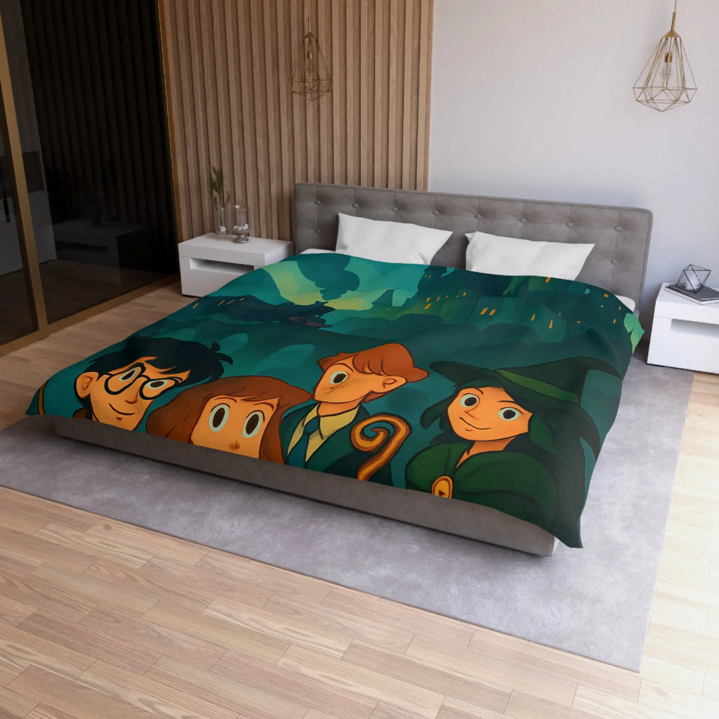 Housse de couette magique avec château et étudiants en sorcellerie dans une forêt enchantée