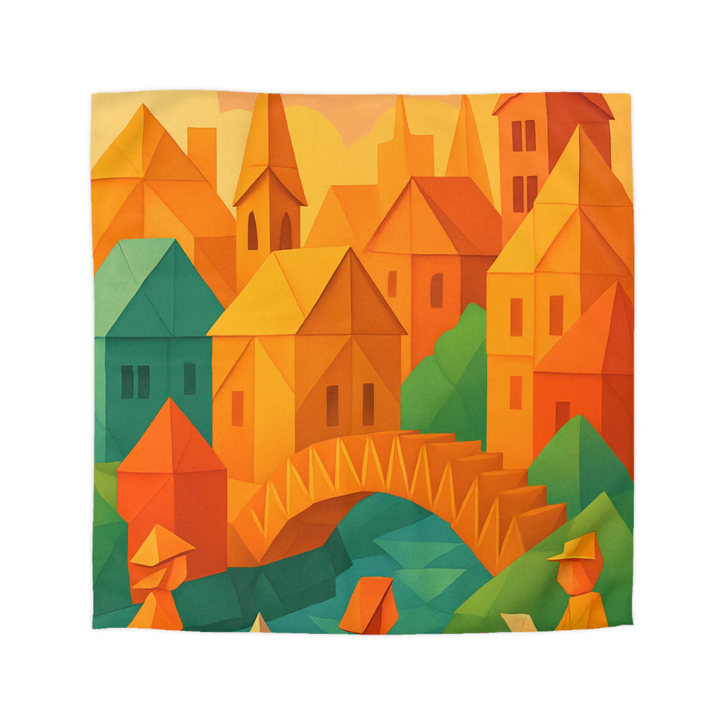 Housse de couette motif origami coloré avec paysage urbain et silhouettes humaines