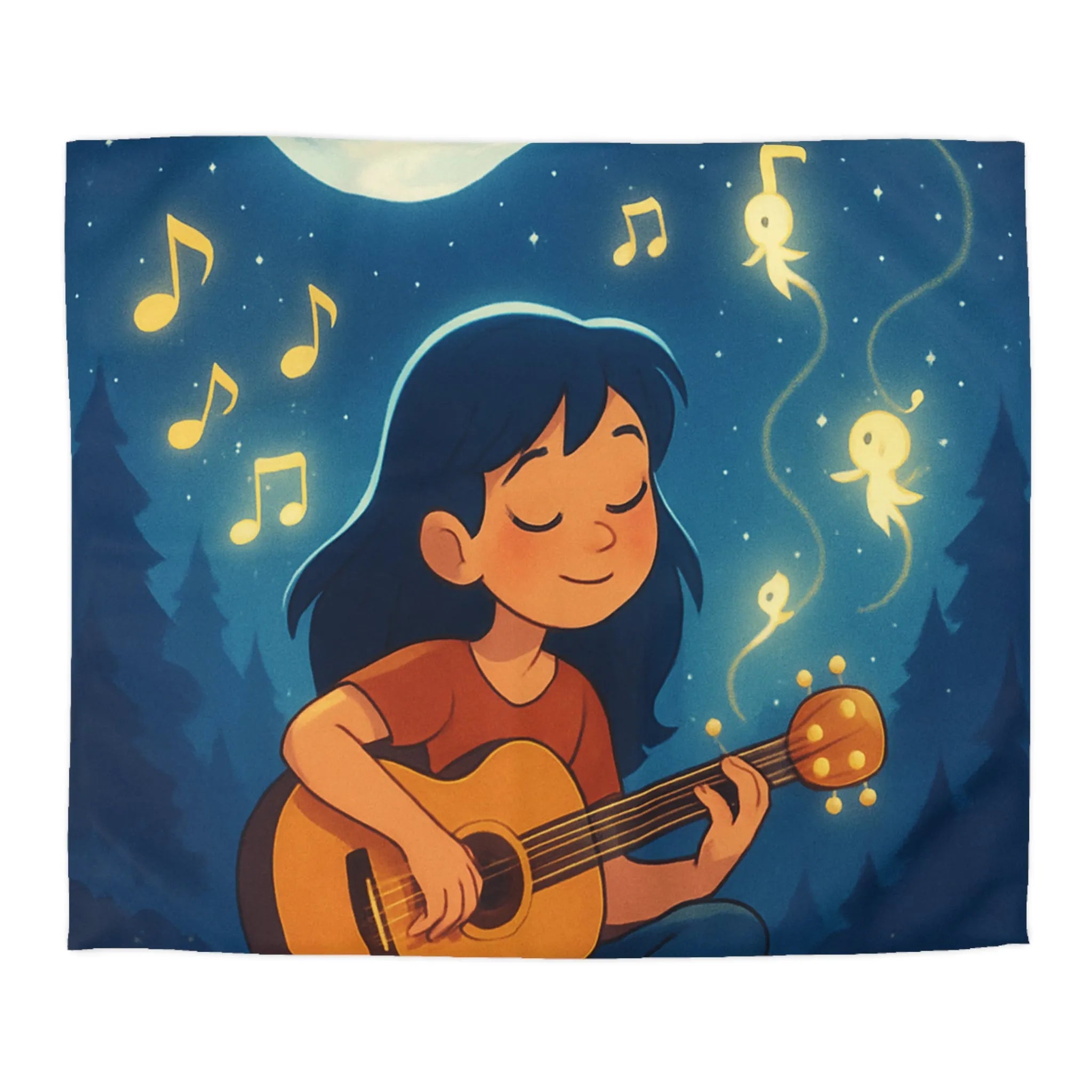 Housse de couette enchantée avec enfant jouant de la guitare sous la pleine lune