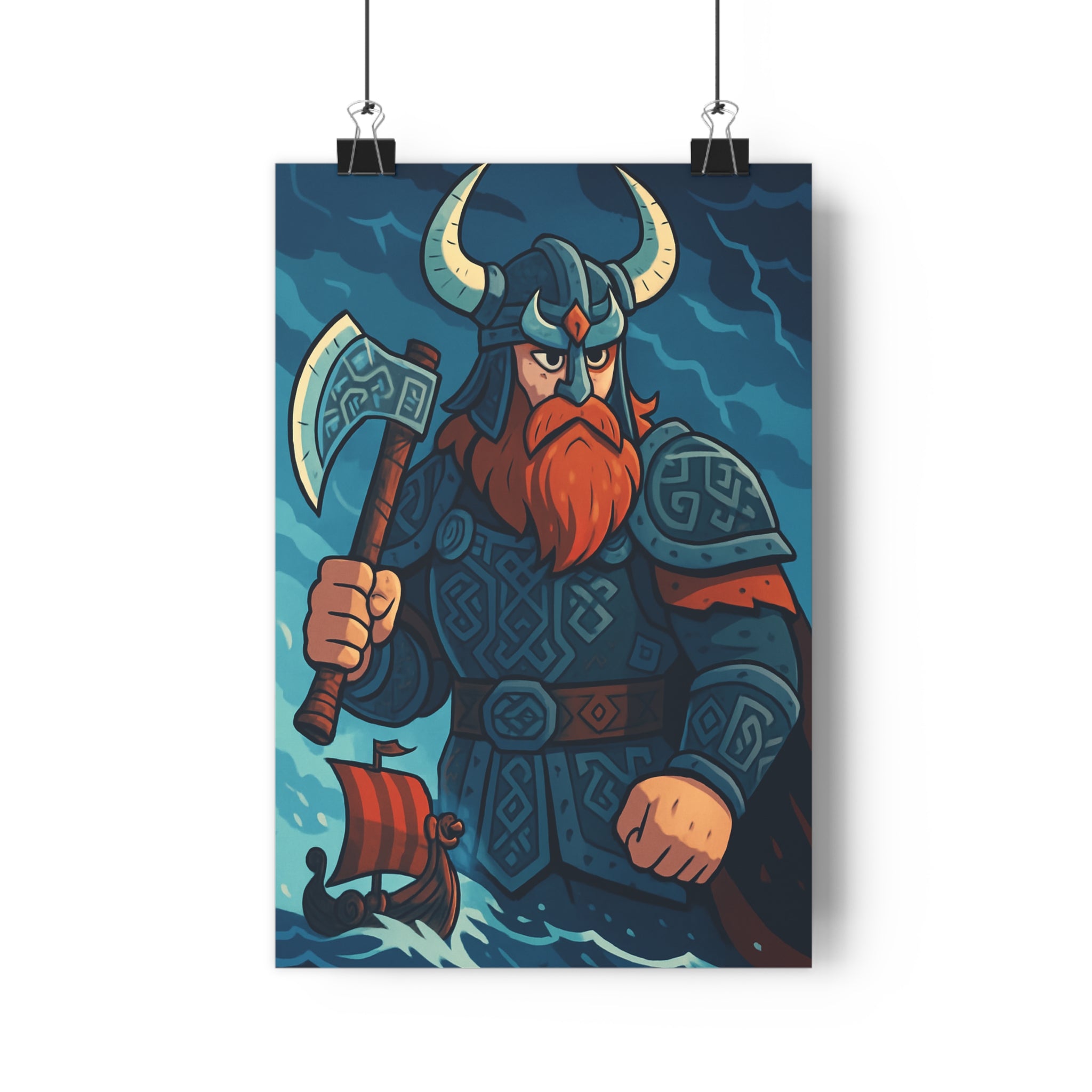 Poster décoratif guerrier nordique mythologique épique aventure salon bleu orageux authentique armure hache qualité