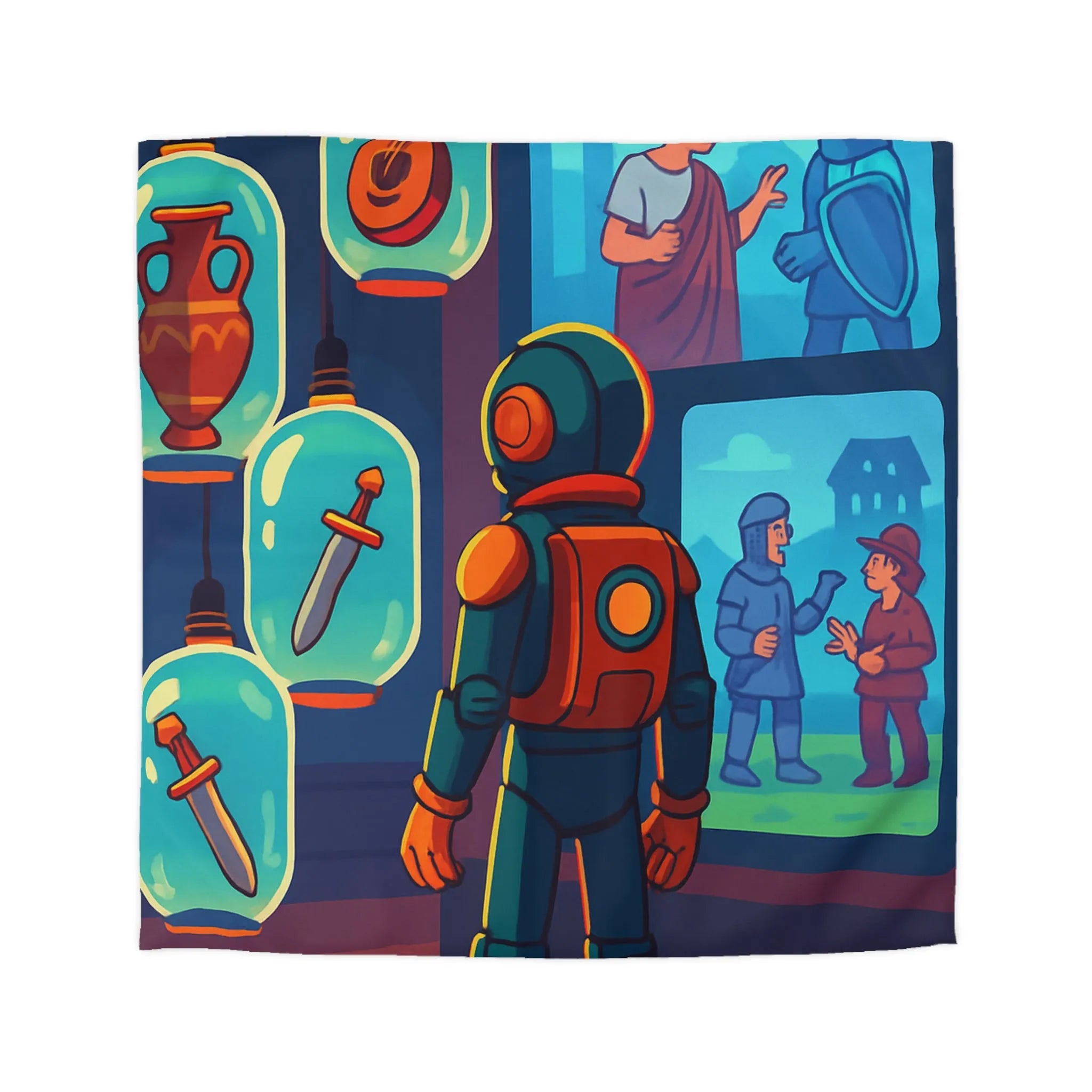 Décoration Housse de Couette Inspiration Rétro-Futuriste avec Motifs Gladiateurs et Exploration Spatiale