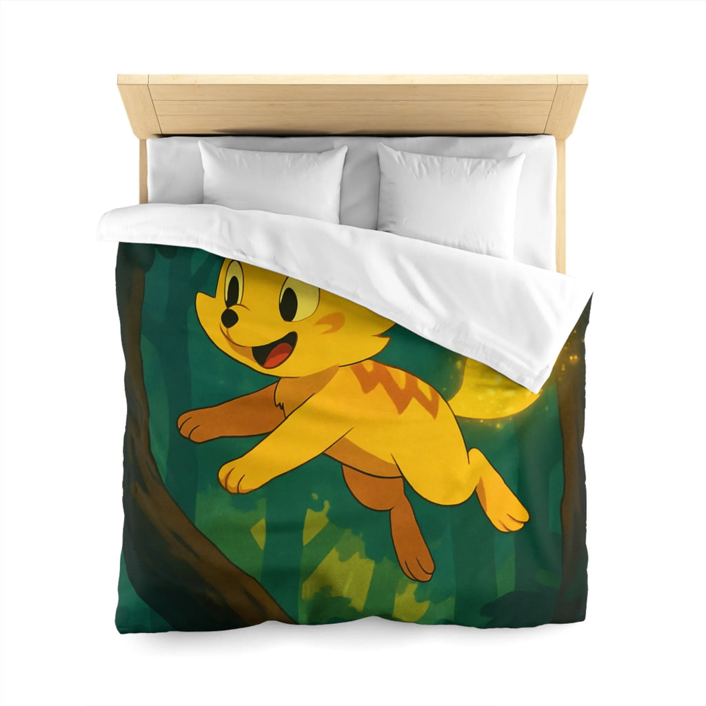 Housse de couette forêt féérique avec créature magique jaune sautant joyeusement à travers les arbres