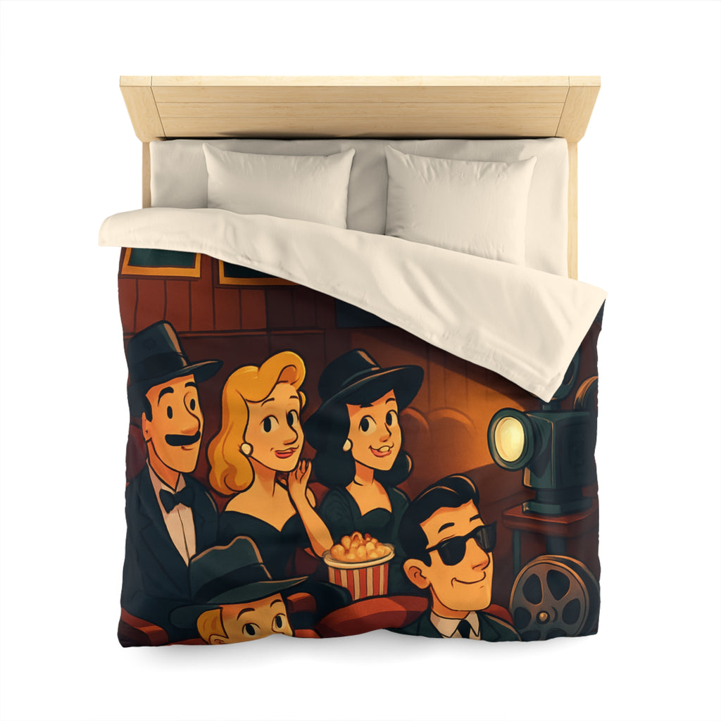 Housse de Couette Rétro Cinéma avec Scène de Spectateurs Élégants et Projecteur