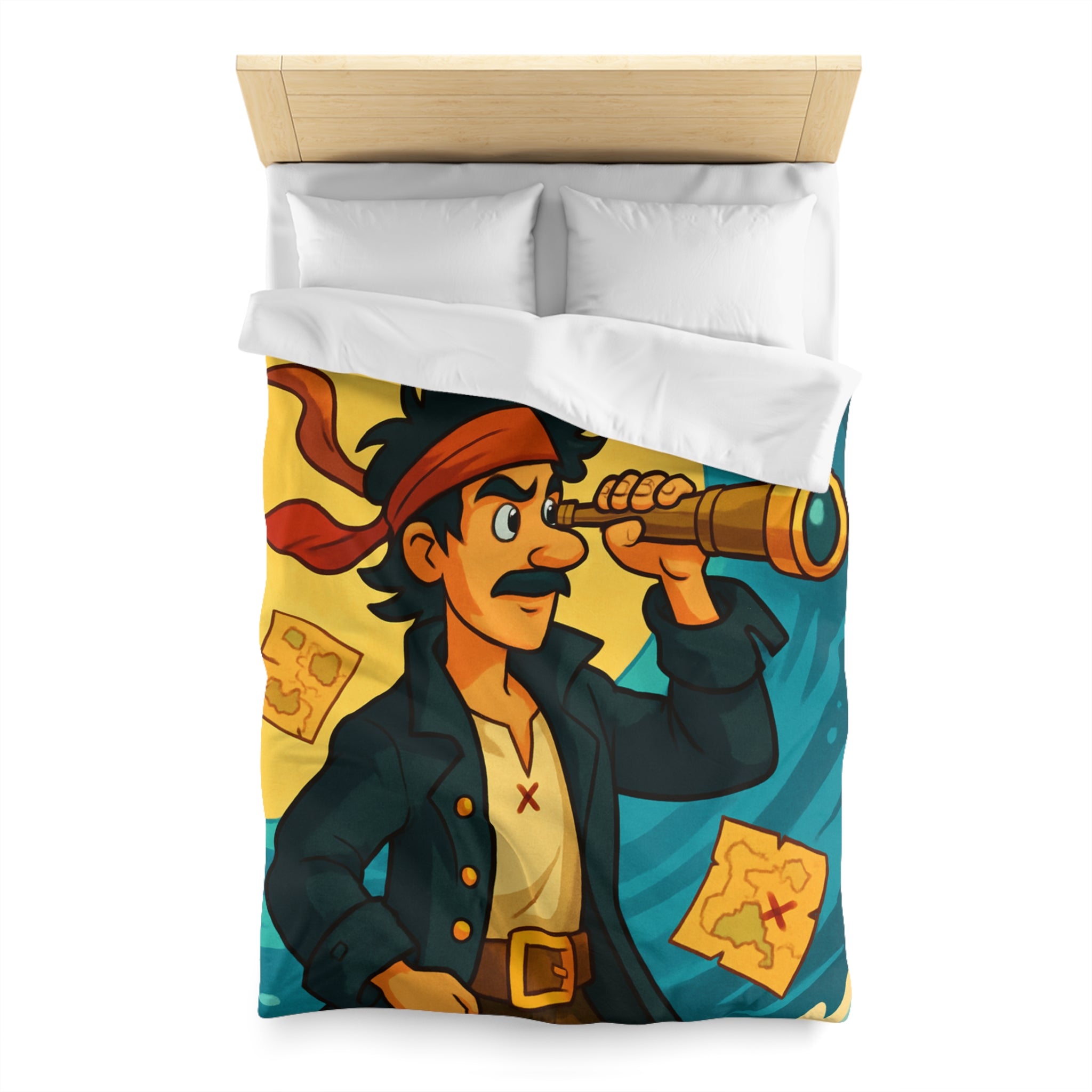 Housse de Couette Pirate pour Chambre Adulte avec Carte Trésor et Vagues Océaniques