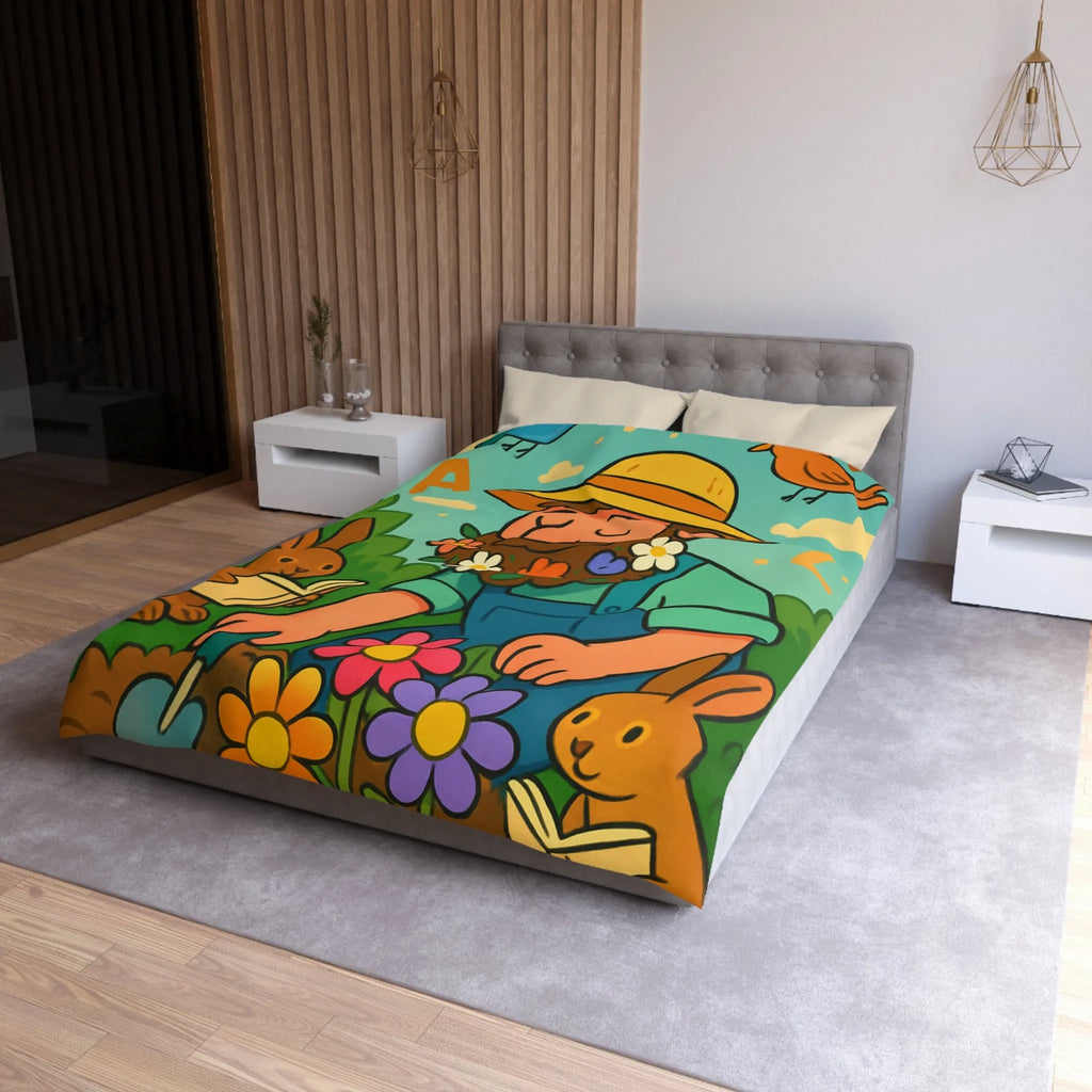 Housse de couette jardin enchanté avec fleurs, lapins et oiseaux colorés pour enfants